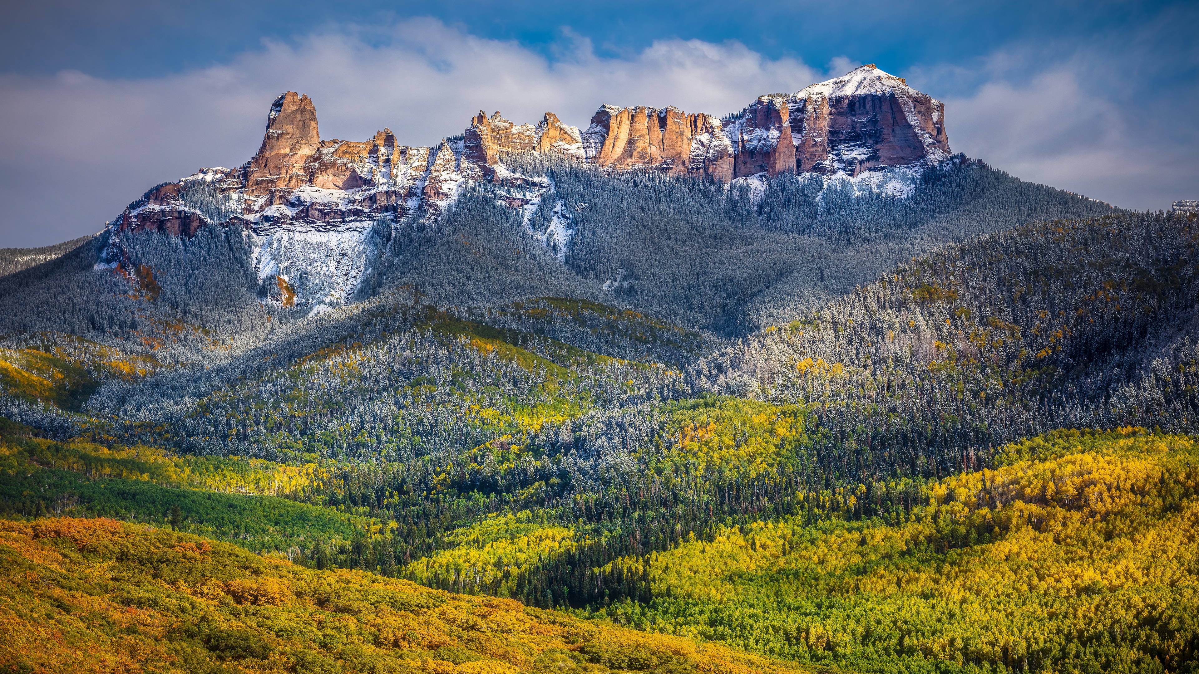 Courthouse Mountain: Autumn Foliage and Snowy Peaks HD Wallpaper