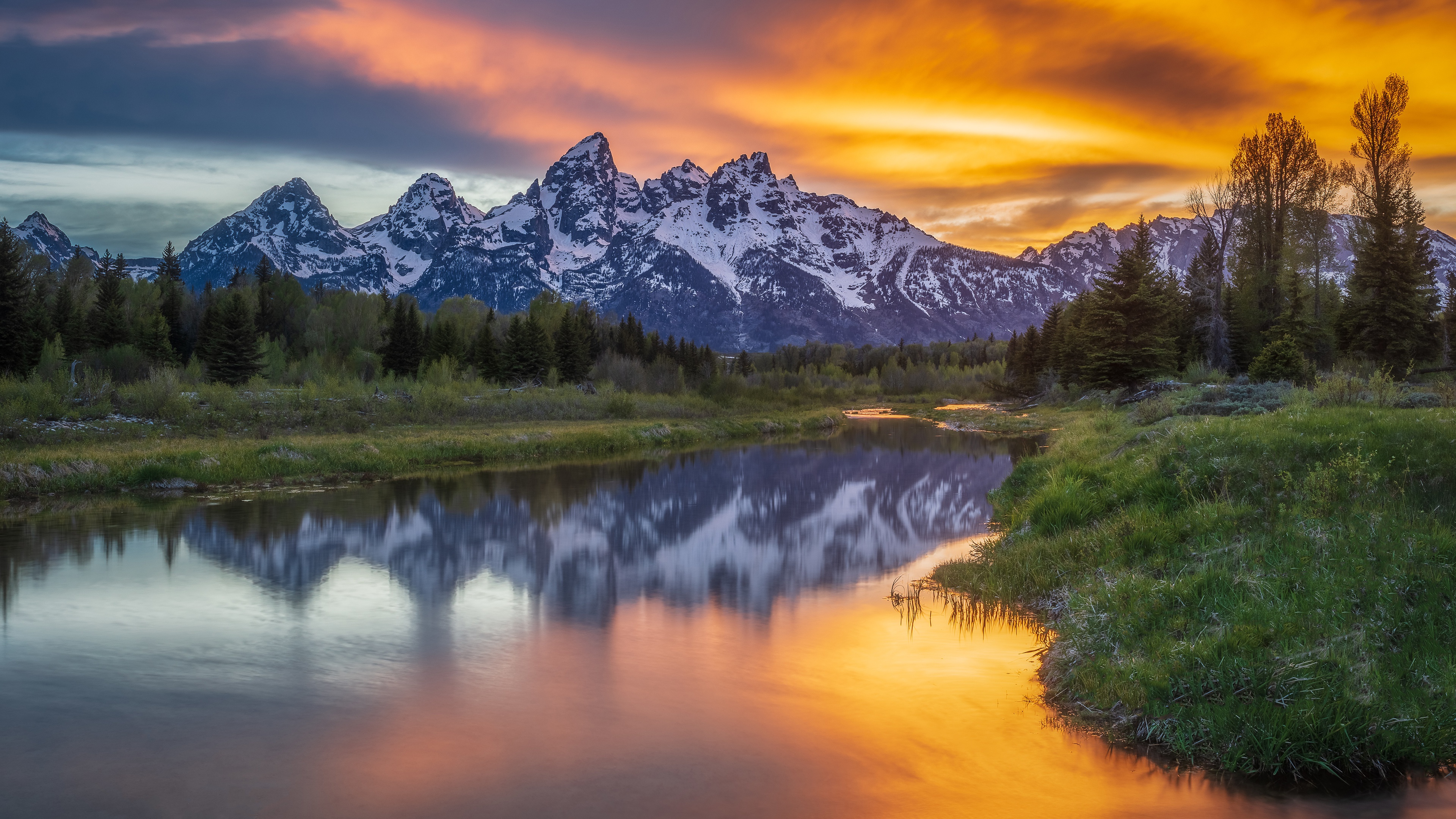 Golden Sunset on Snowy Mountains Reflected in River HD Wallpaper