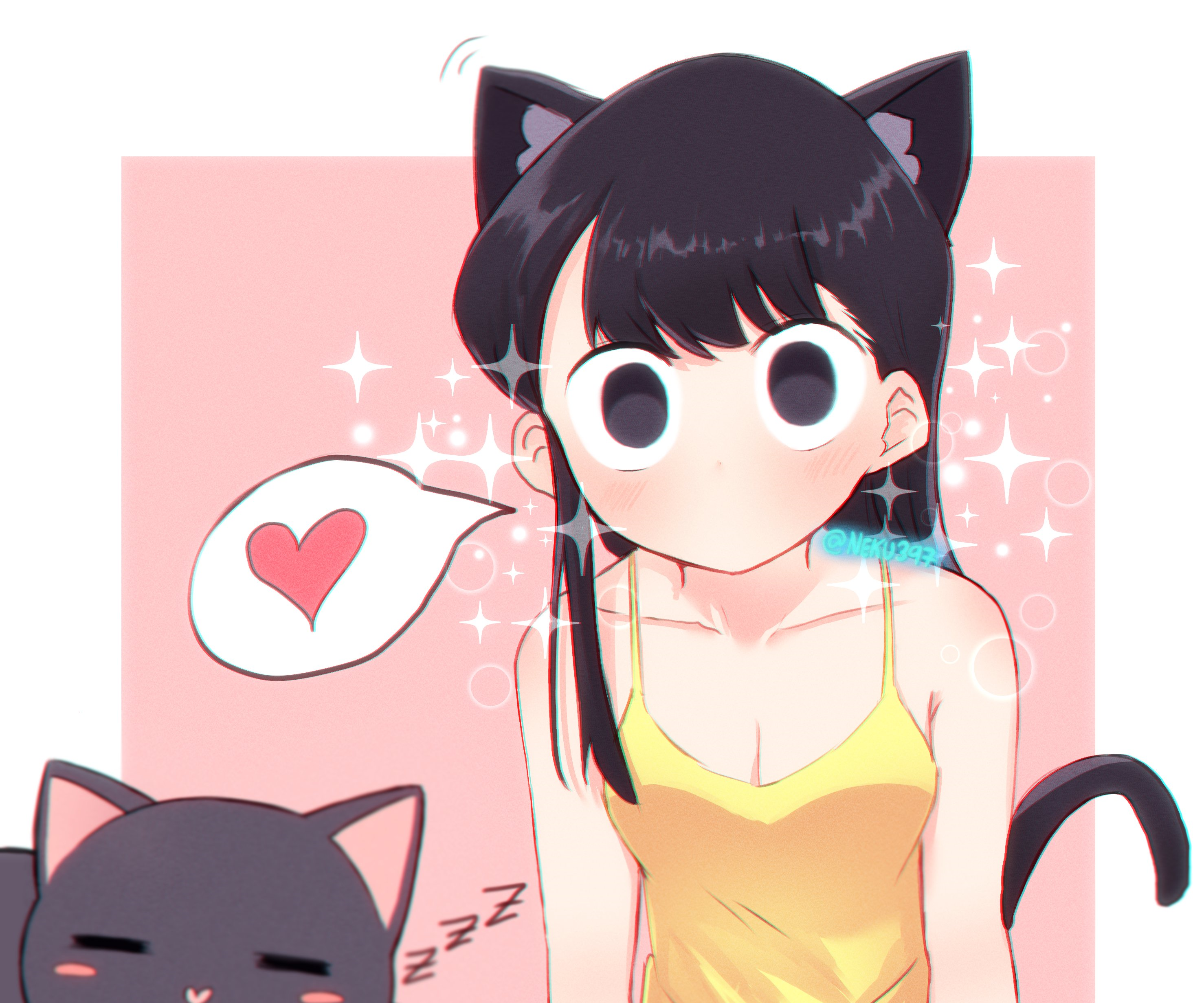 Komi Shouko cat girl with sleeping cat and heart HD Wallpaper