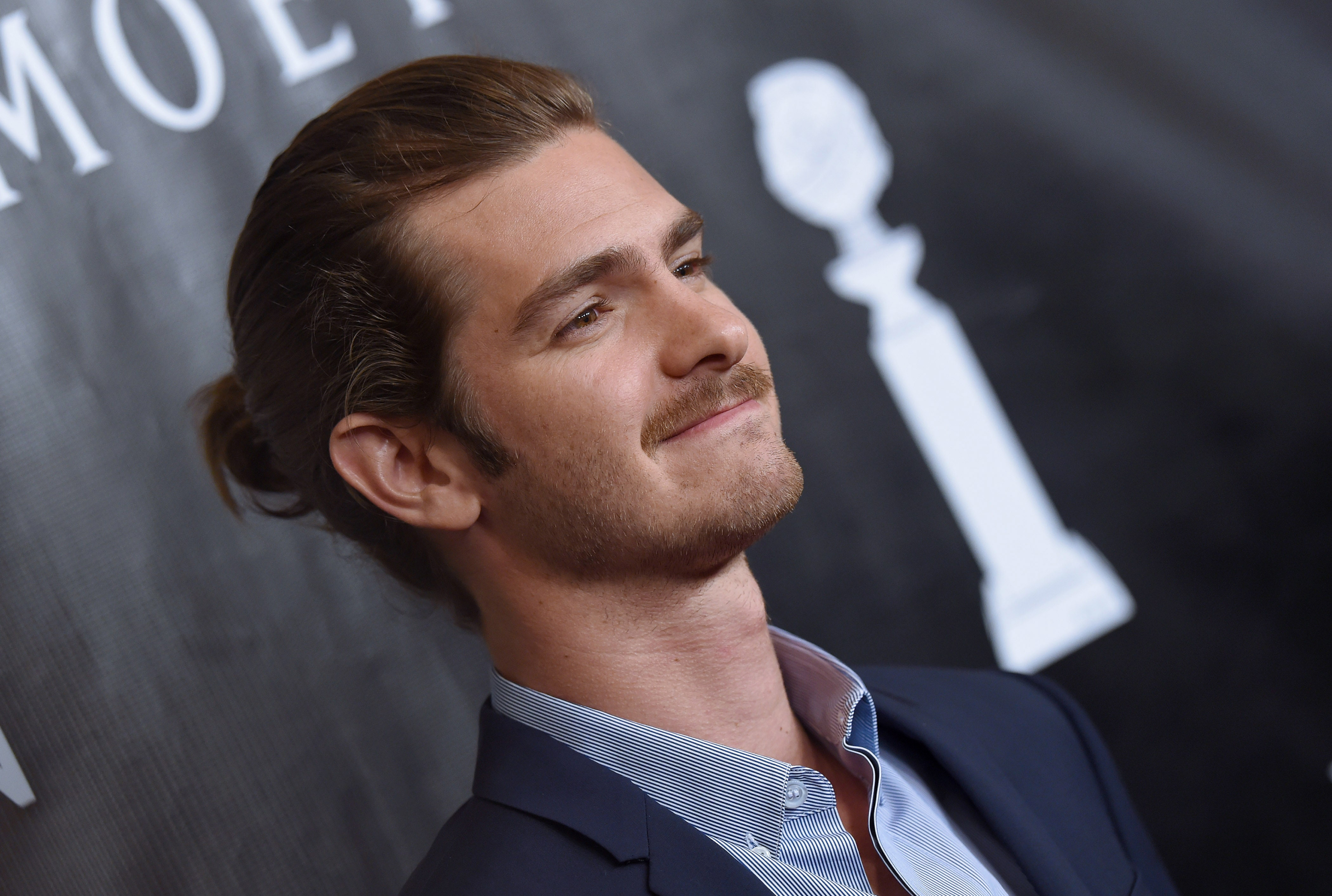 Andrew Garfield smiling with man bun and mustache HD Wallpaper