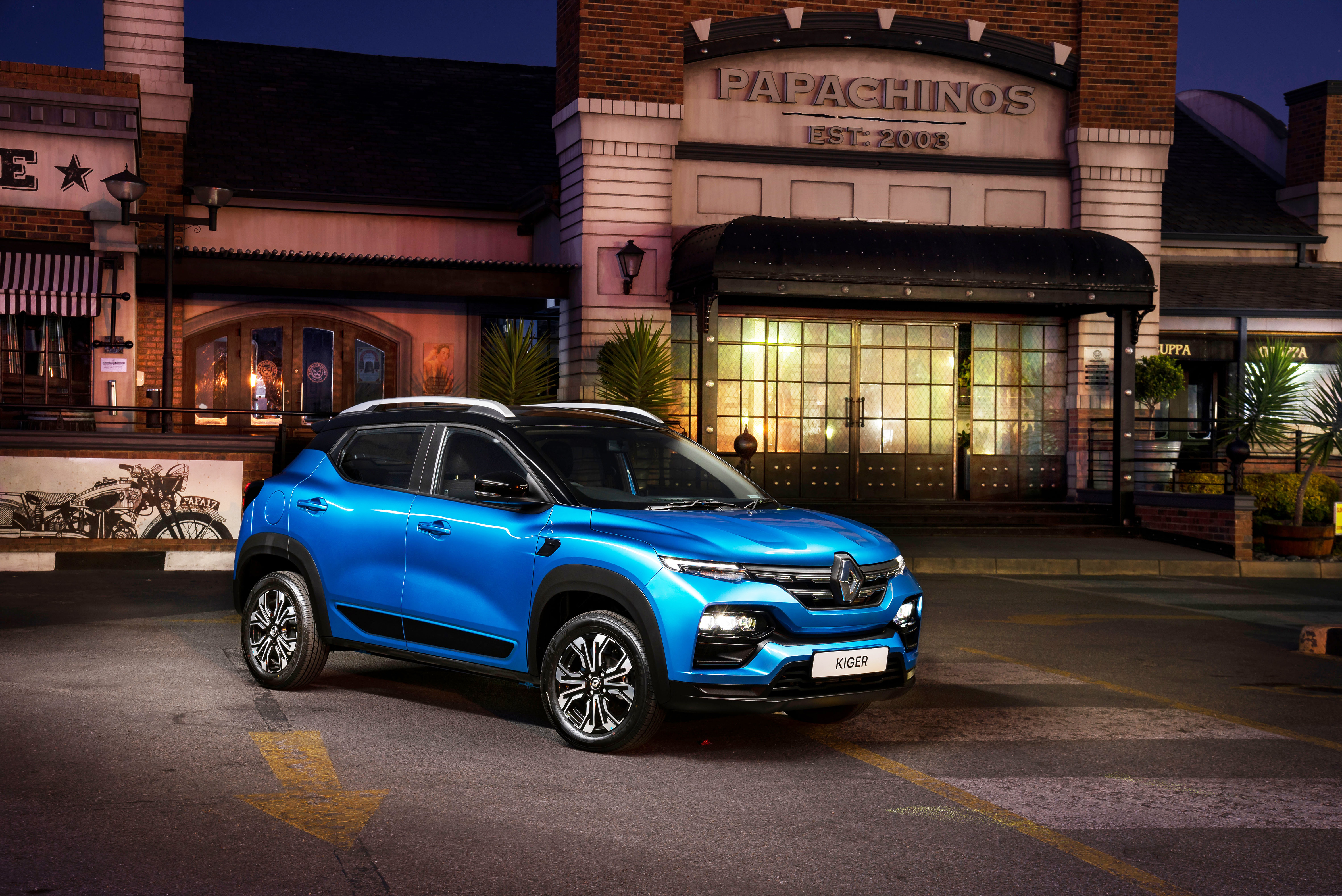 Blue Renault Kiger SUV at night HD Wallpaper