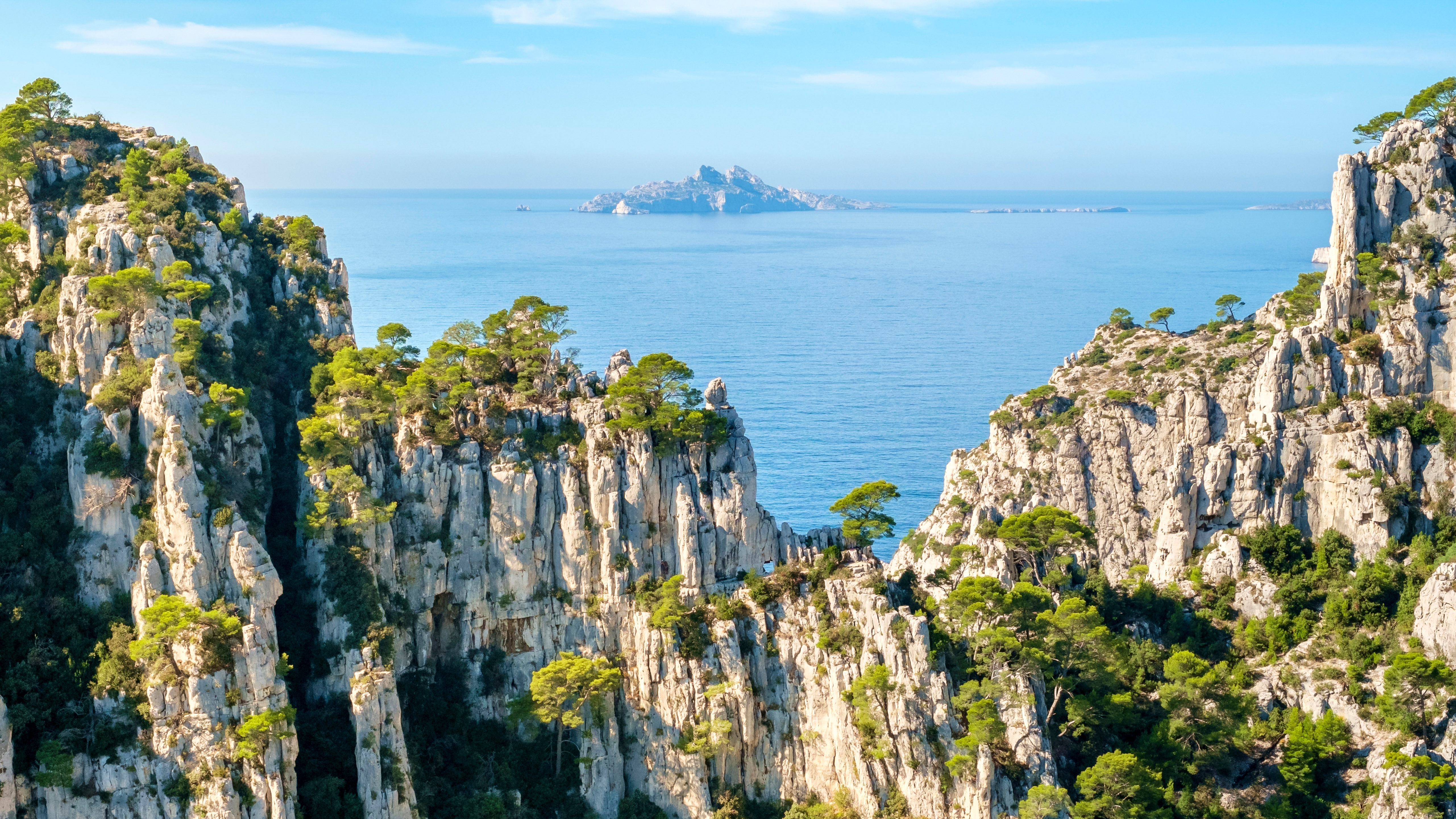Calanques National Park cliffs and Riou island, France HD Wallpaper