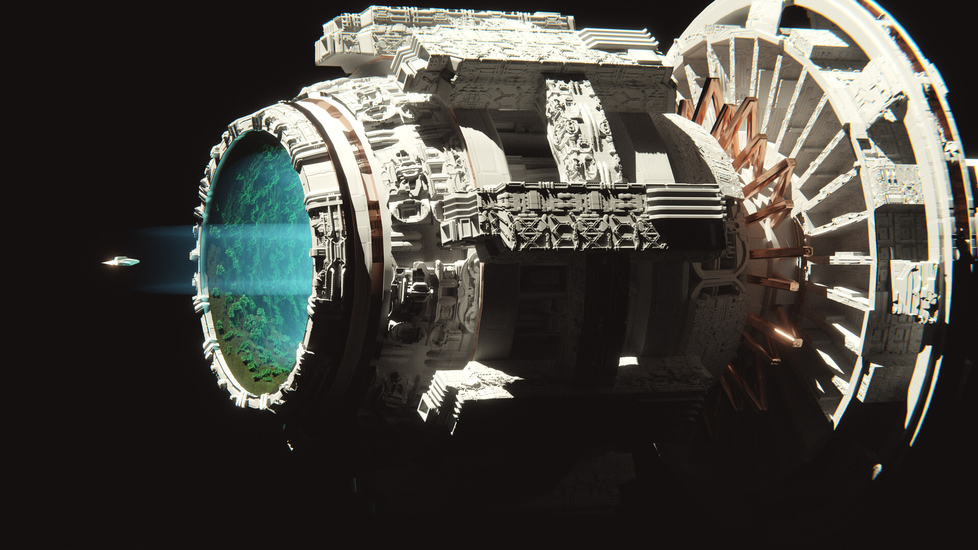 Spaceship Approaching Ancient Space Wreckage Portal HD Wallpaper