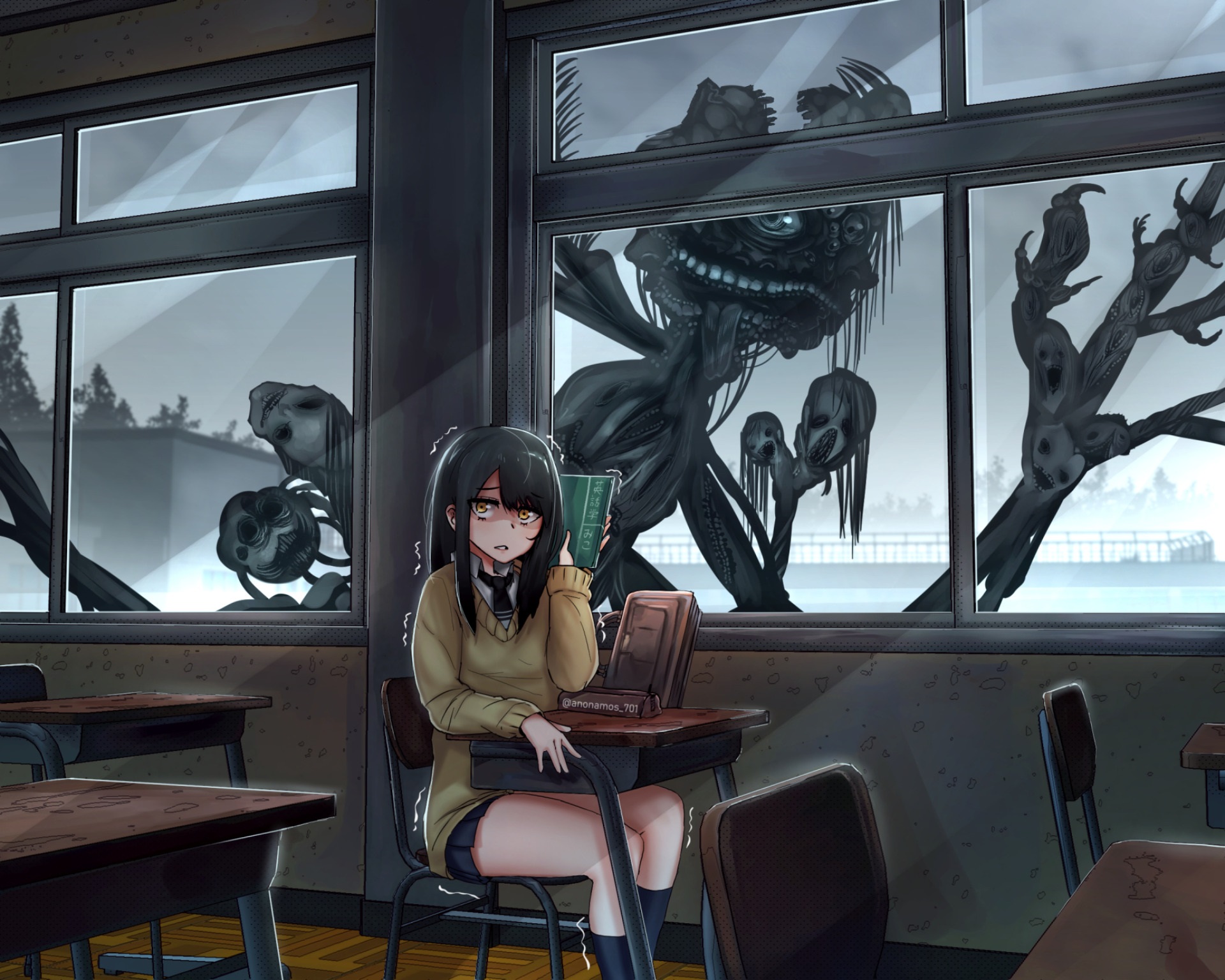 Miko Yotsuya sees terrifying spirits outside classroom HD Wallpaper