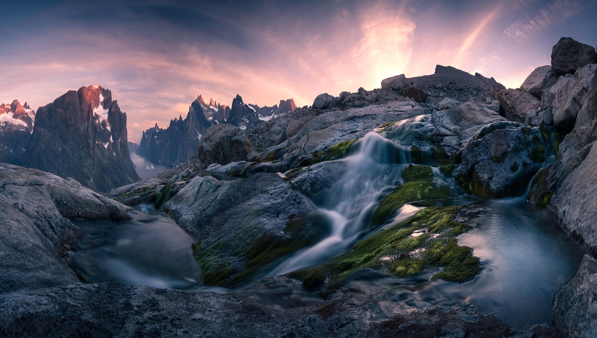 Dramatic Fjord and Stream Landscape at Sunset HD Wallpaper
