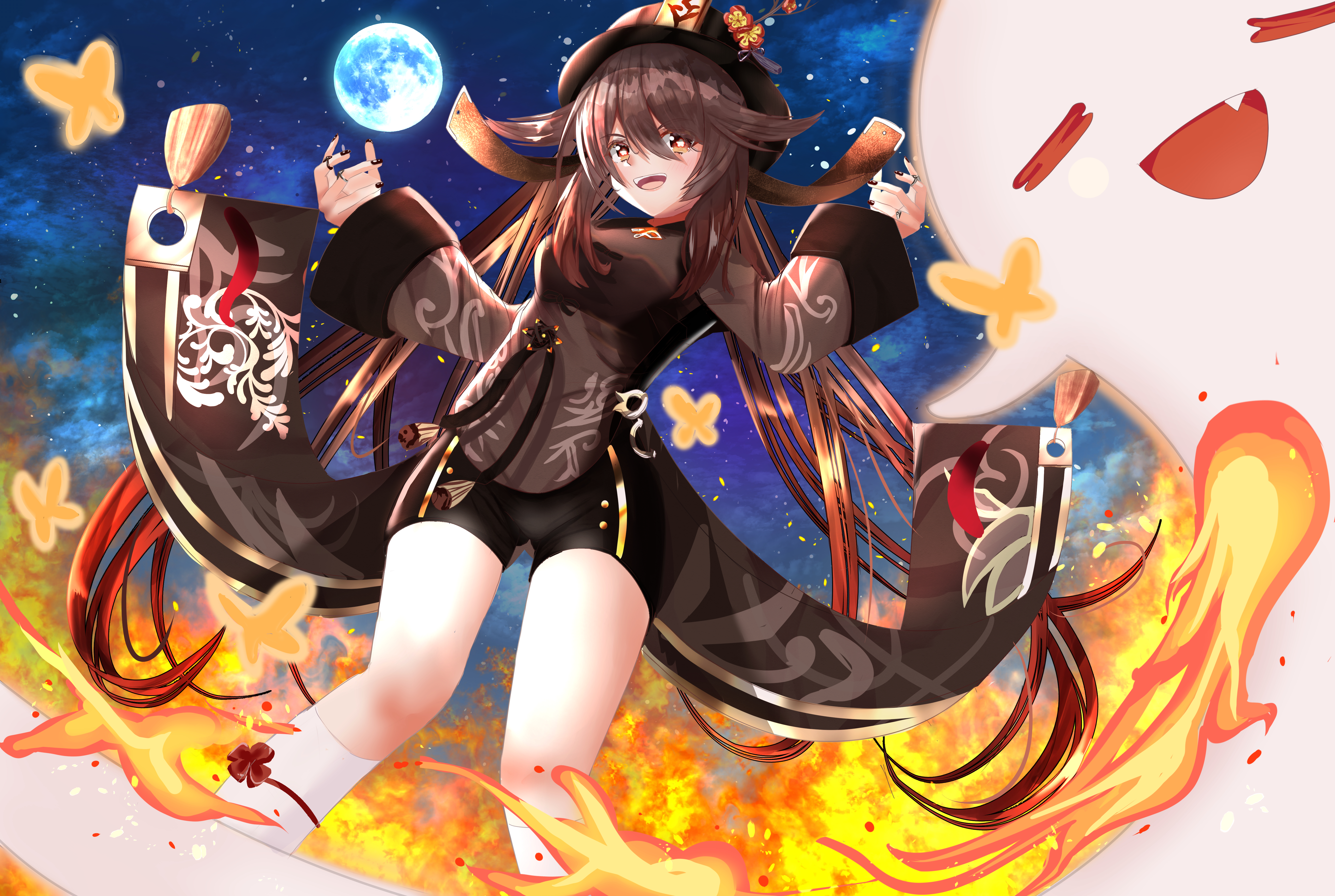 Genshin Impact Hu Tao with Ghost and Fire HD Wallpaper