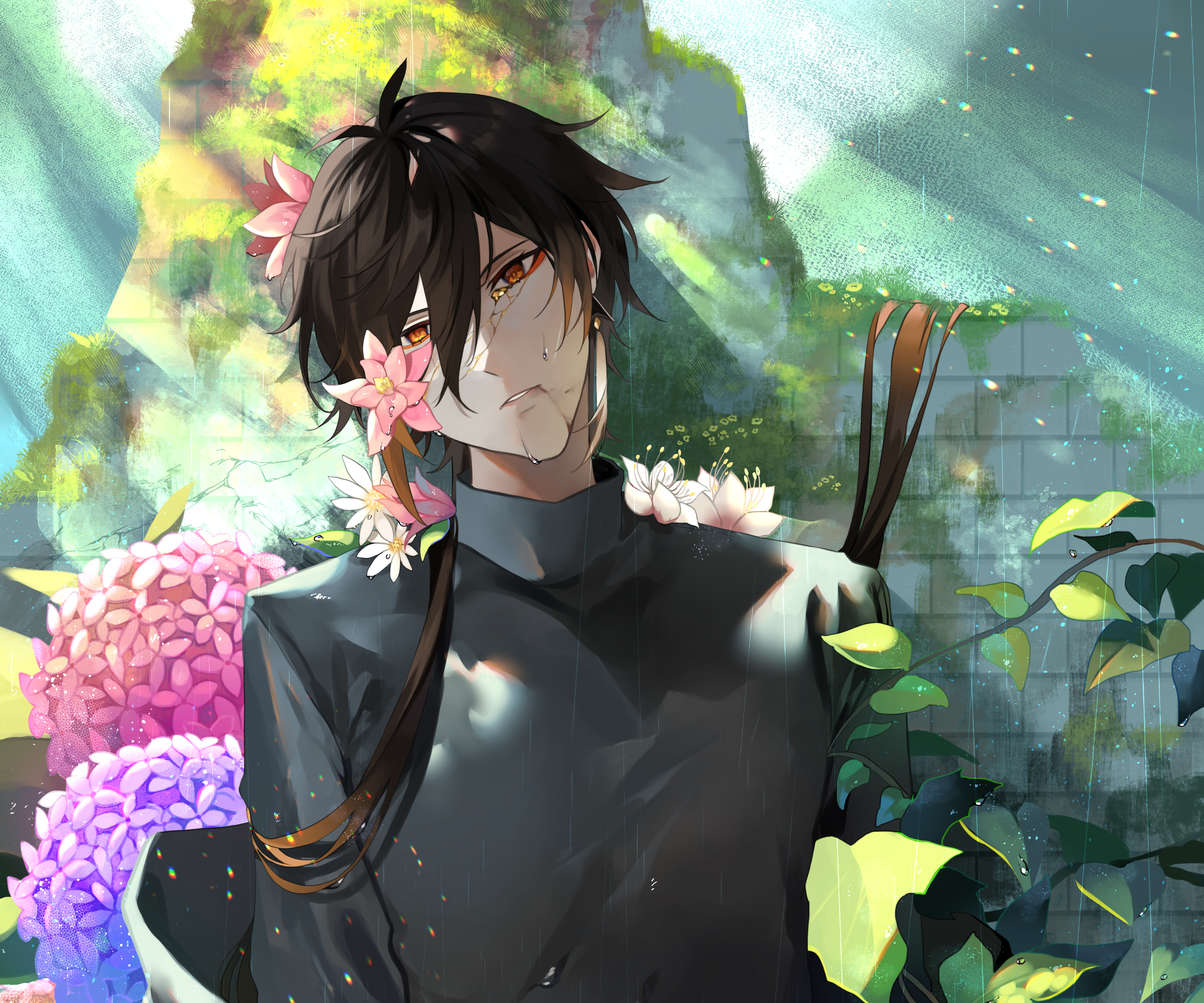 Zhongli with Flowers in the Rain HD Wallpaper