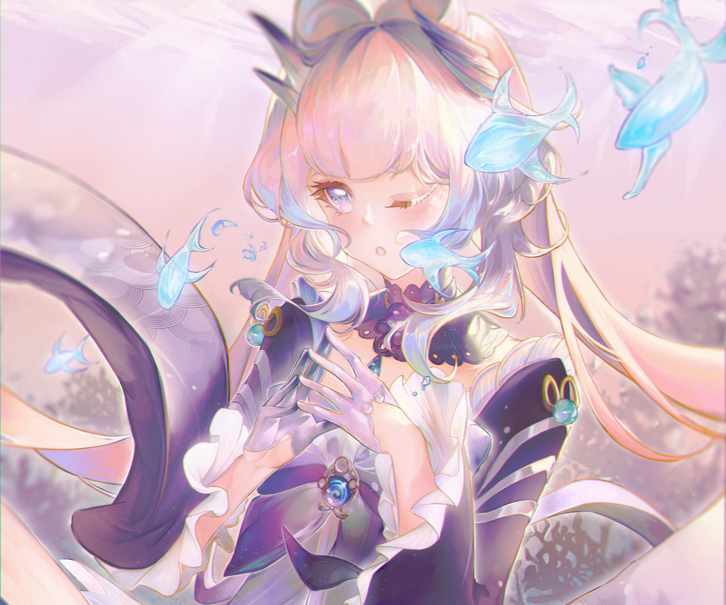 Dreamy Sangonomiya Kokomi with glowing fish HD Wallpaper