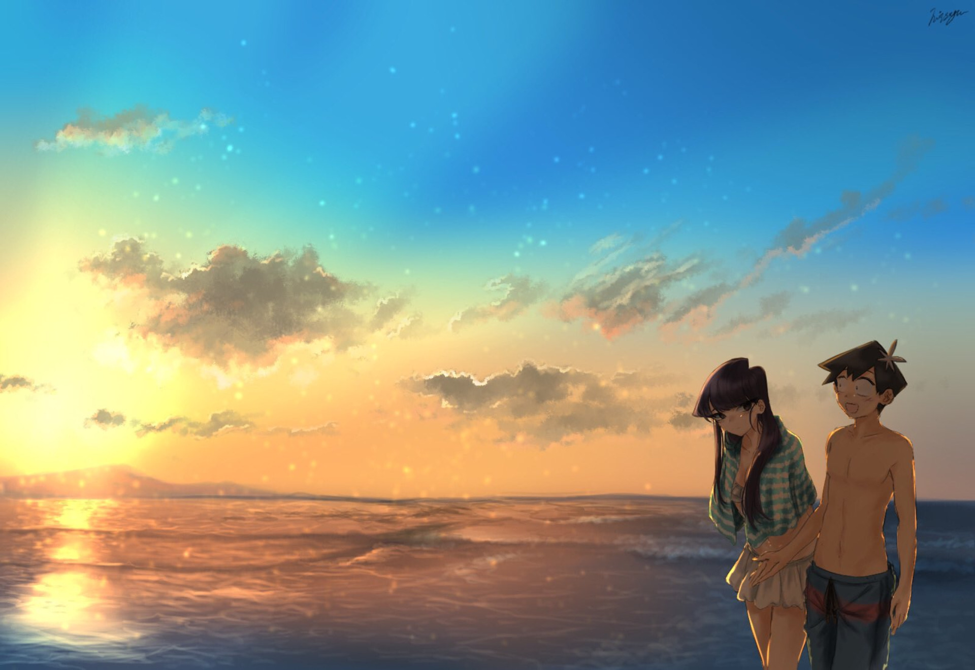 Komi Shouko and Hitohito Tadano beach sunset HD Wallpaper