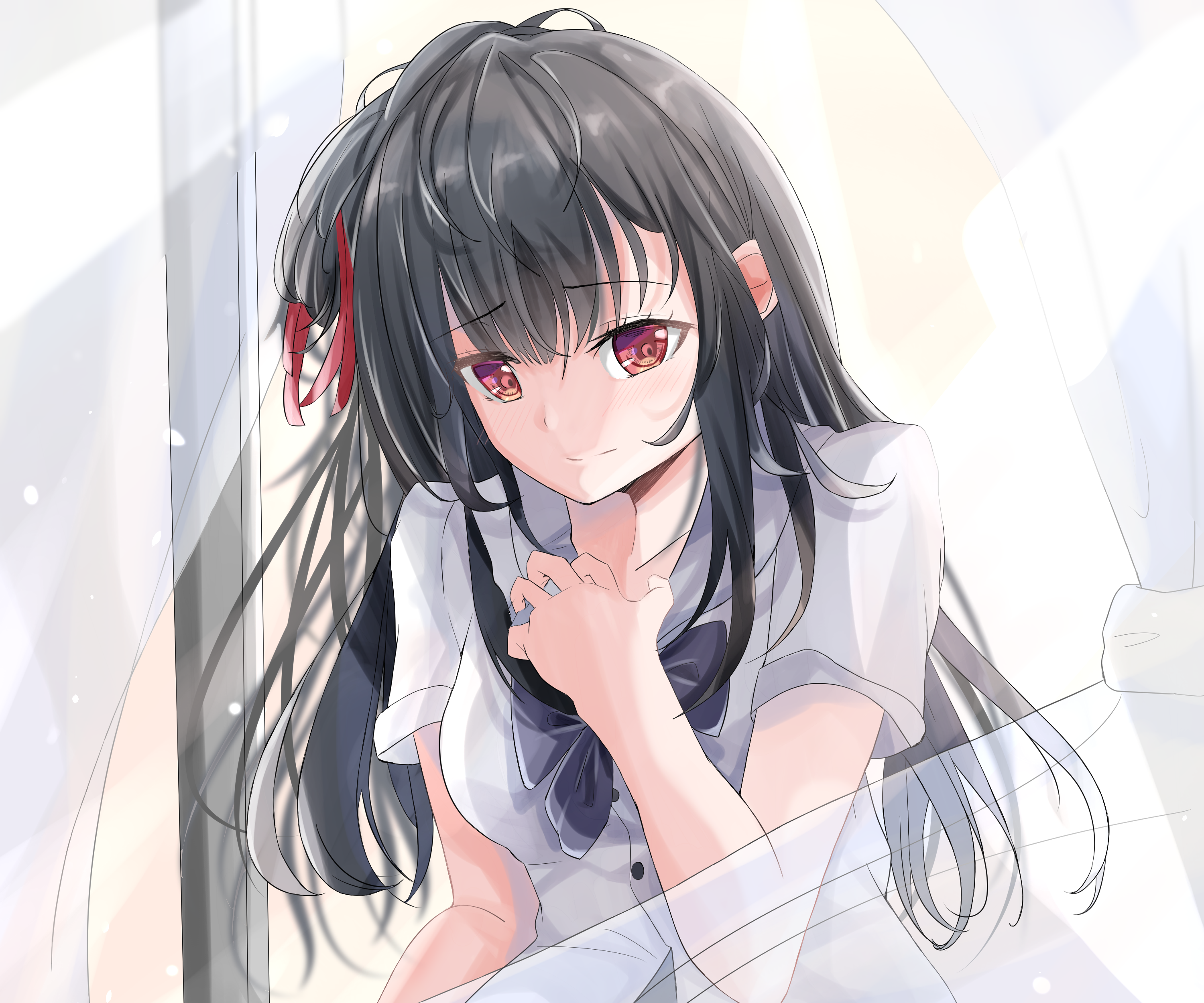 Shy Natsunagi Nagisa with red eyes and ribbon HD Wallpaper