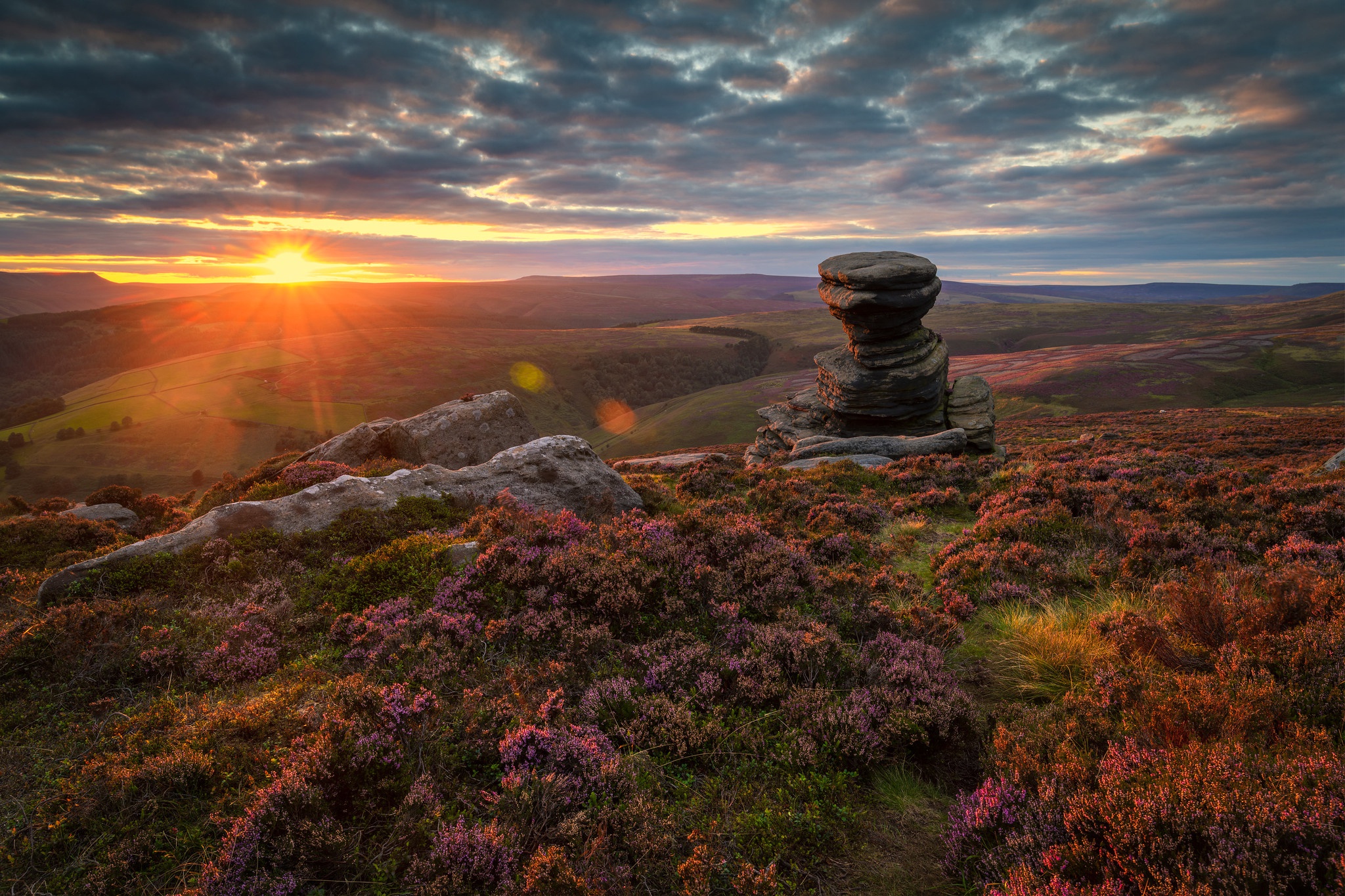 Golden Sunrise over Heather Moorland with Rock Formation HD Wallpaper