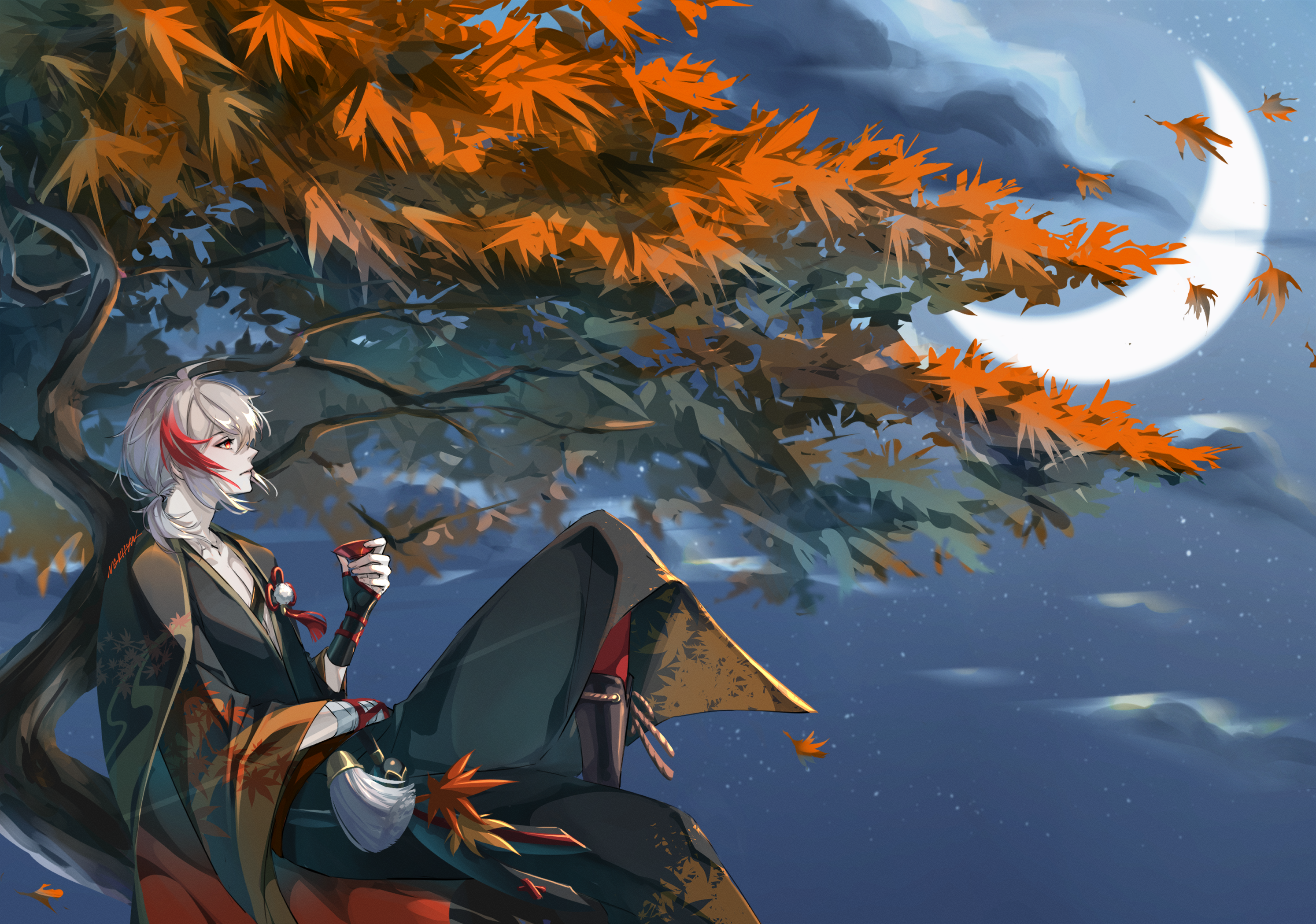 Kaedehara Kazuha under autumn tree with crescent moon HD Wallpaper