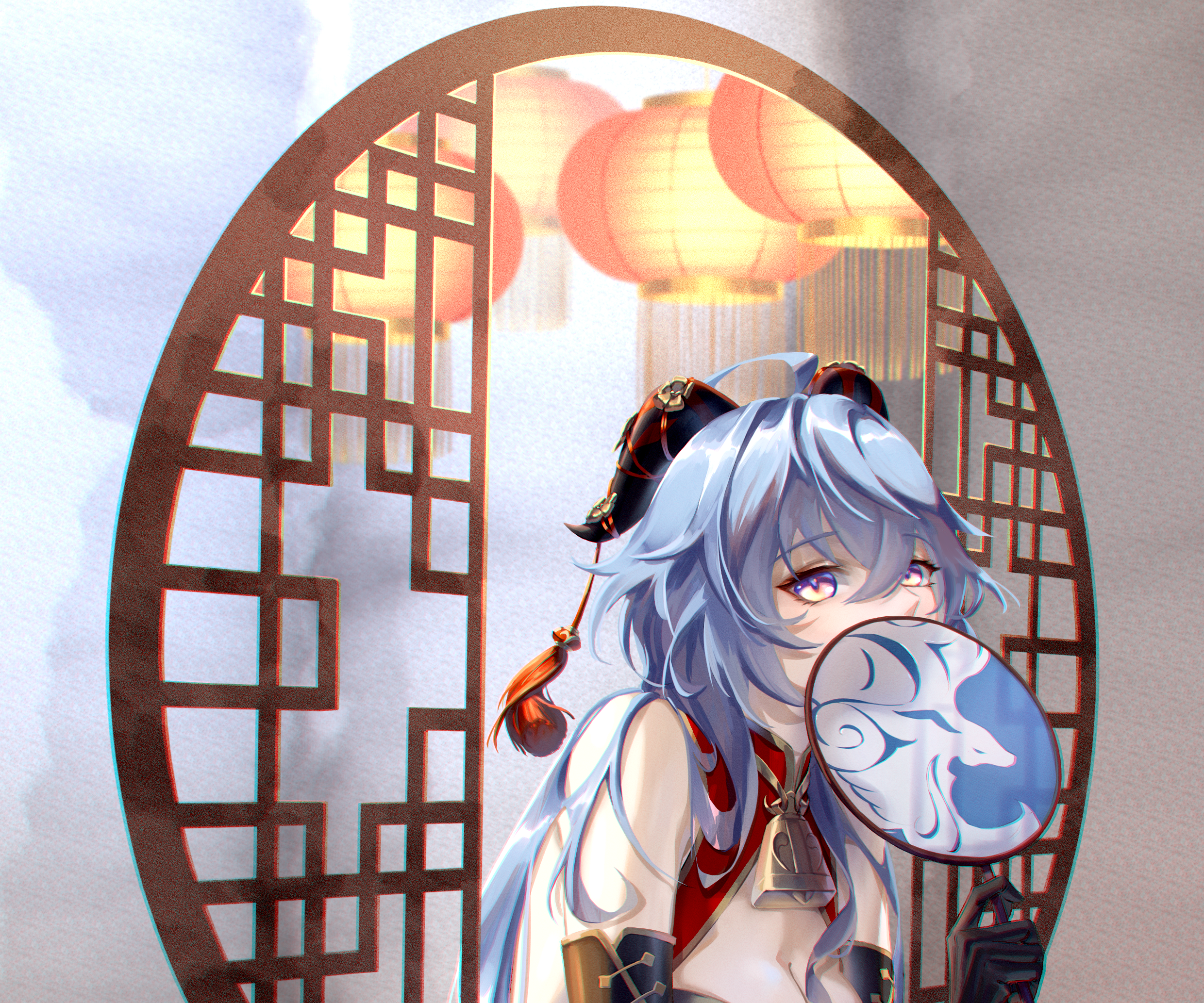 Ganyu (Genshin Impact) with Fan and Lanterns HD Wallpaper