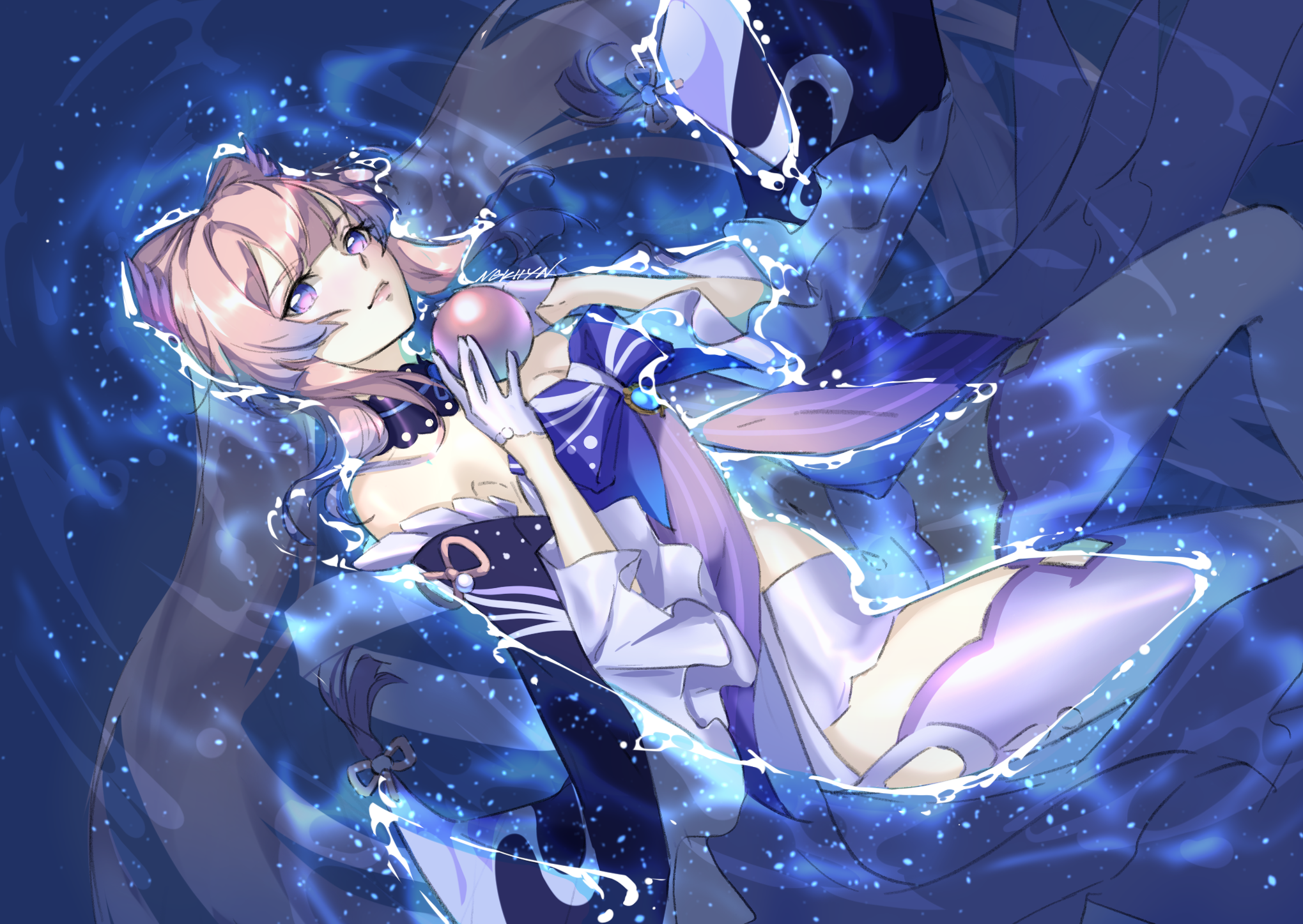 Sangonomiya Kokomi holding a pearl in glowing blue water HD Wallpaper