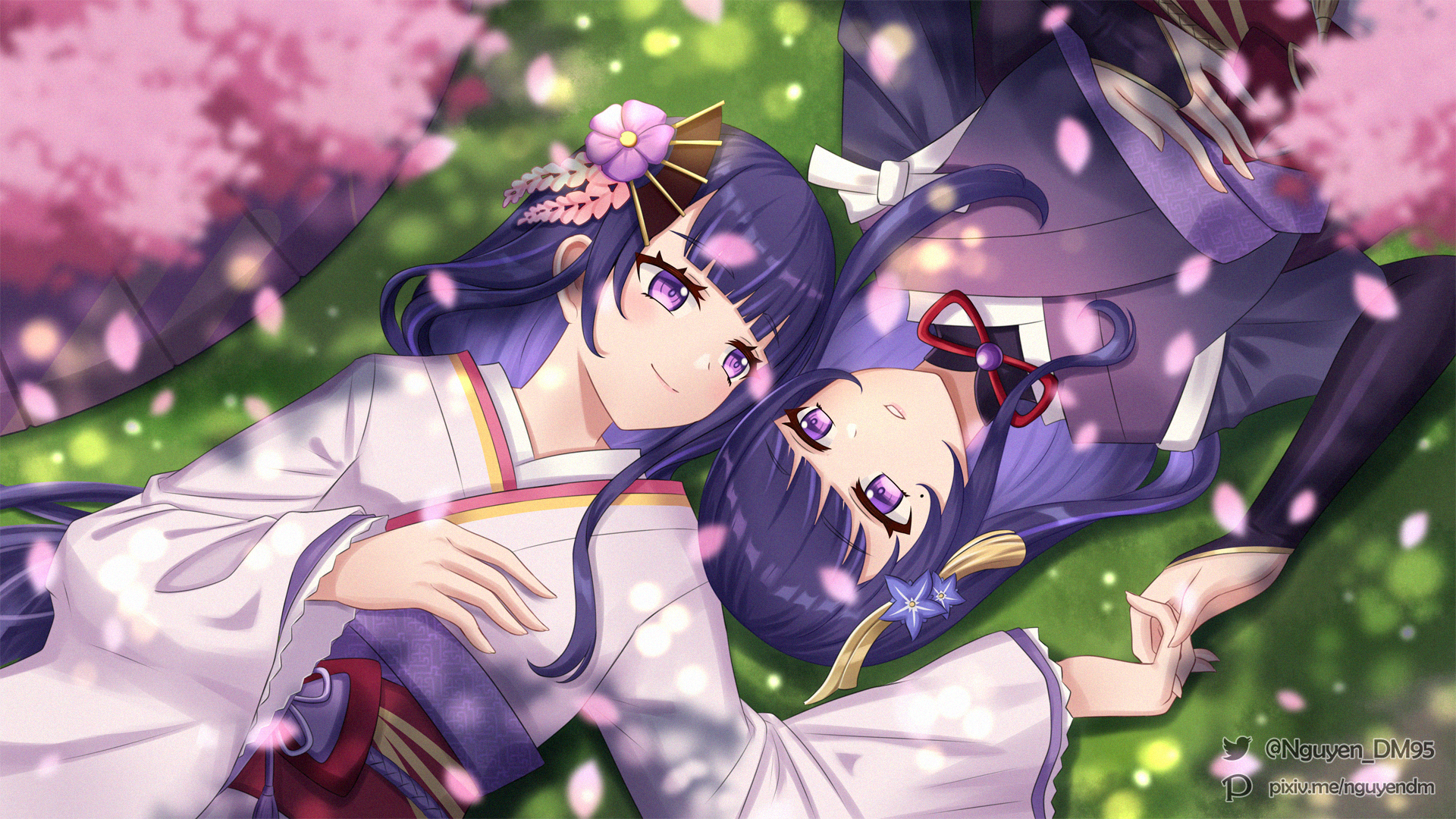 Raiden Makoto and Baal Raiden Shogun in Sakura Setting HD Wallpaper