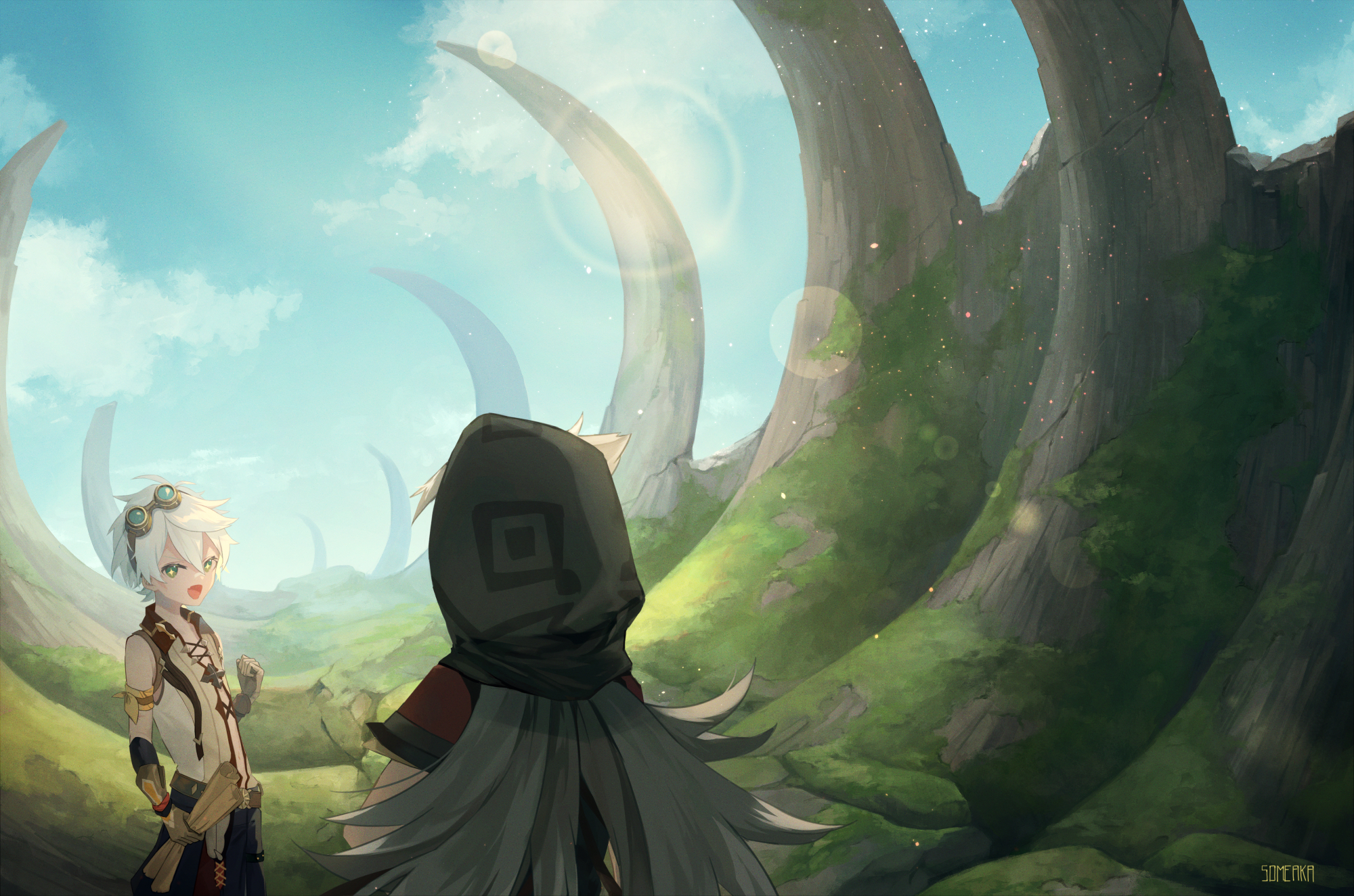 Bennett and Razor exploring Genshin Impact's ancient landscape HD Wallpaper