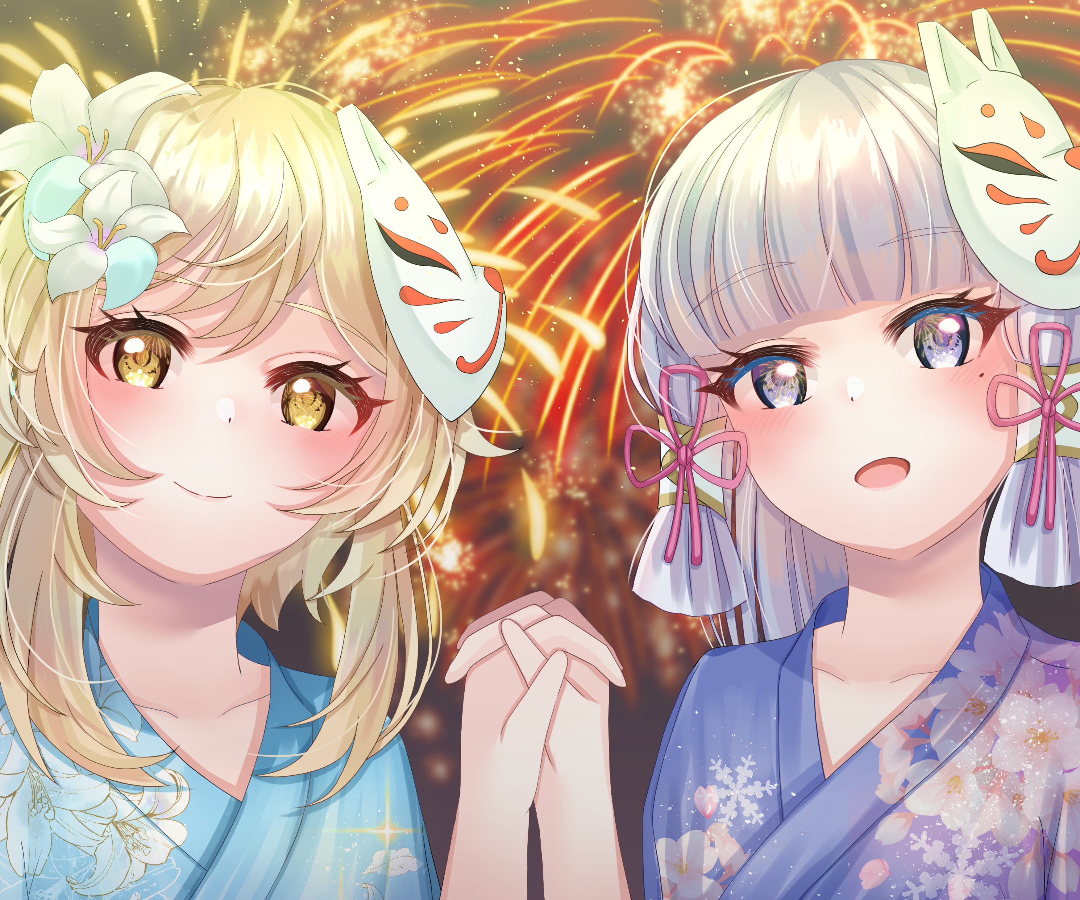 Genshin Impact Lumine and Ayaka holding hands at fireworks festival HD Wallpaper