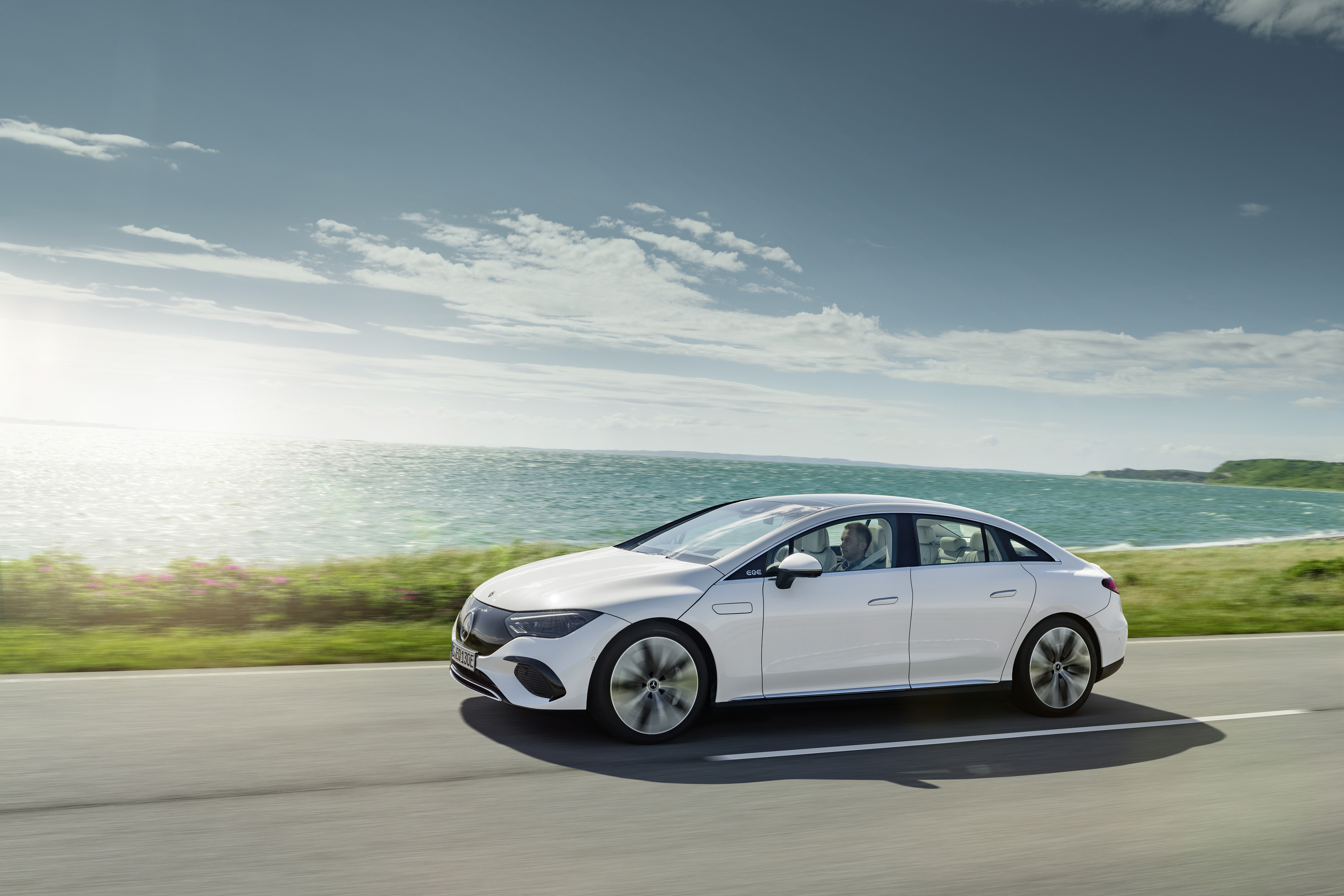 Mercedes-Benz EQE 350 Electric Car Driving by the Ocean HD Wallpaper