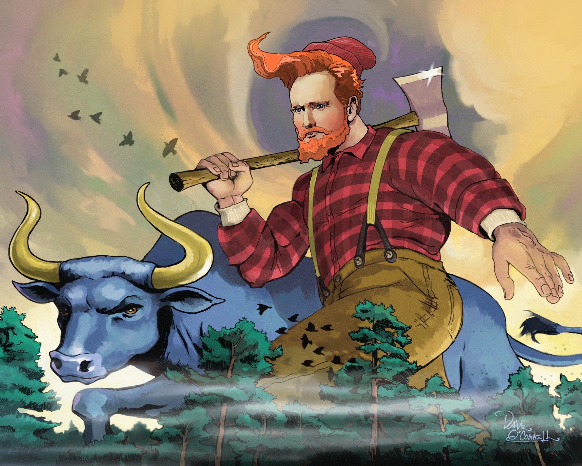 Conan O'Brien as Paul Bunyan riding blue ox HD Wallpaper