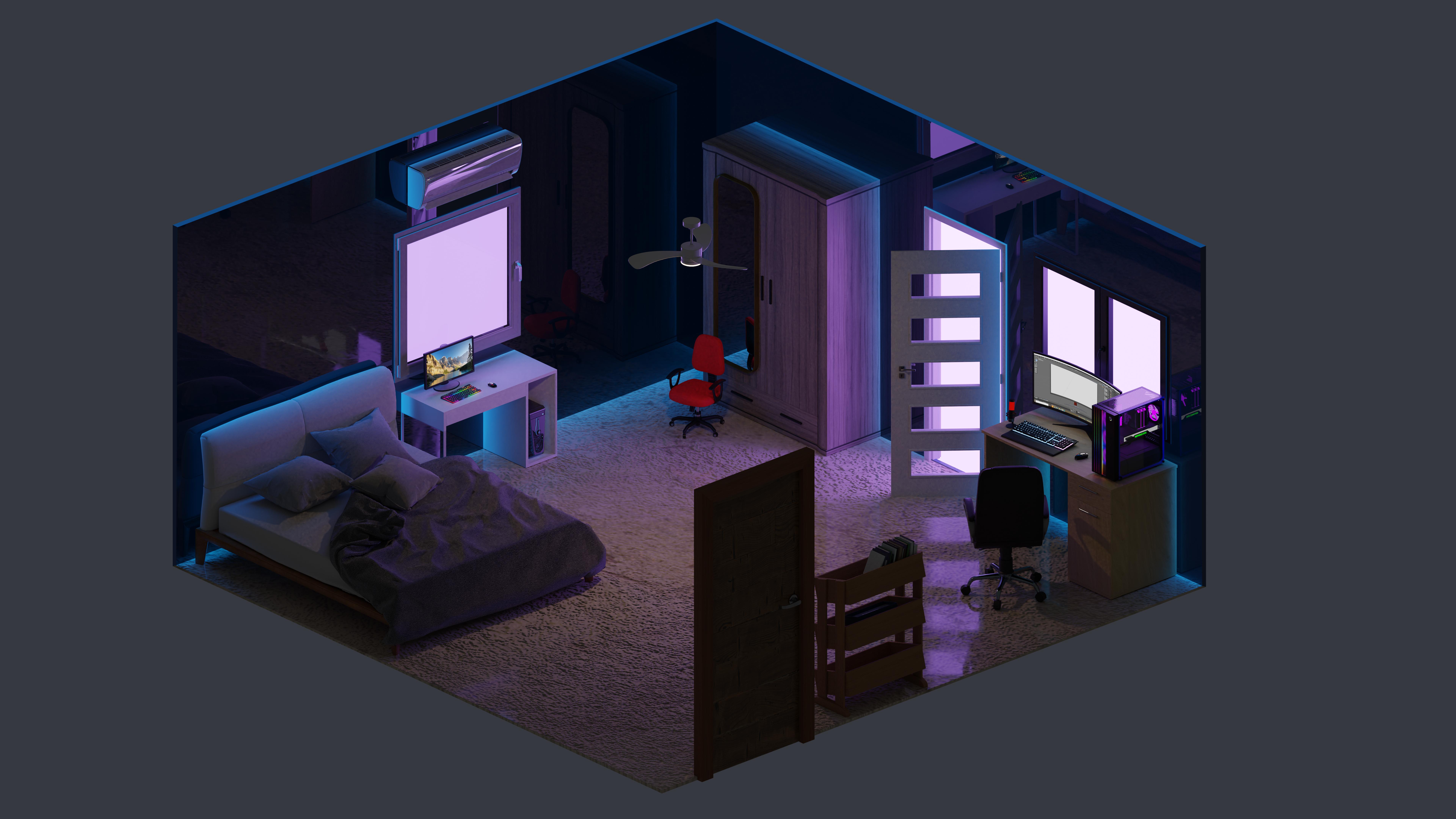 Artistic Neon Lit Gaming Bedroom HD Wallpaper