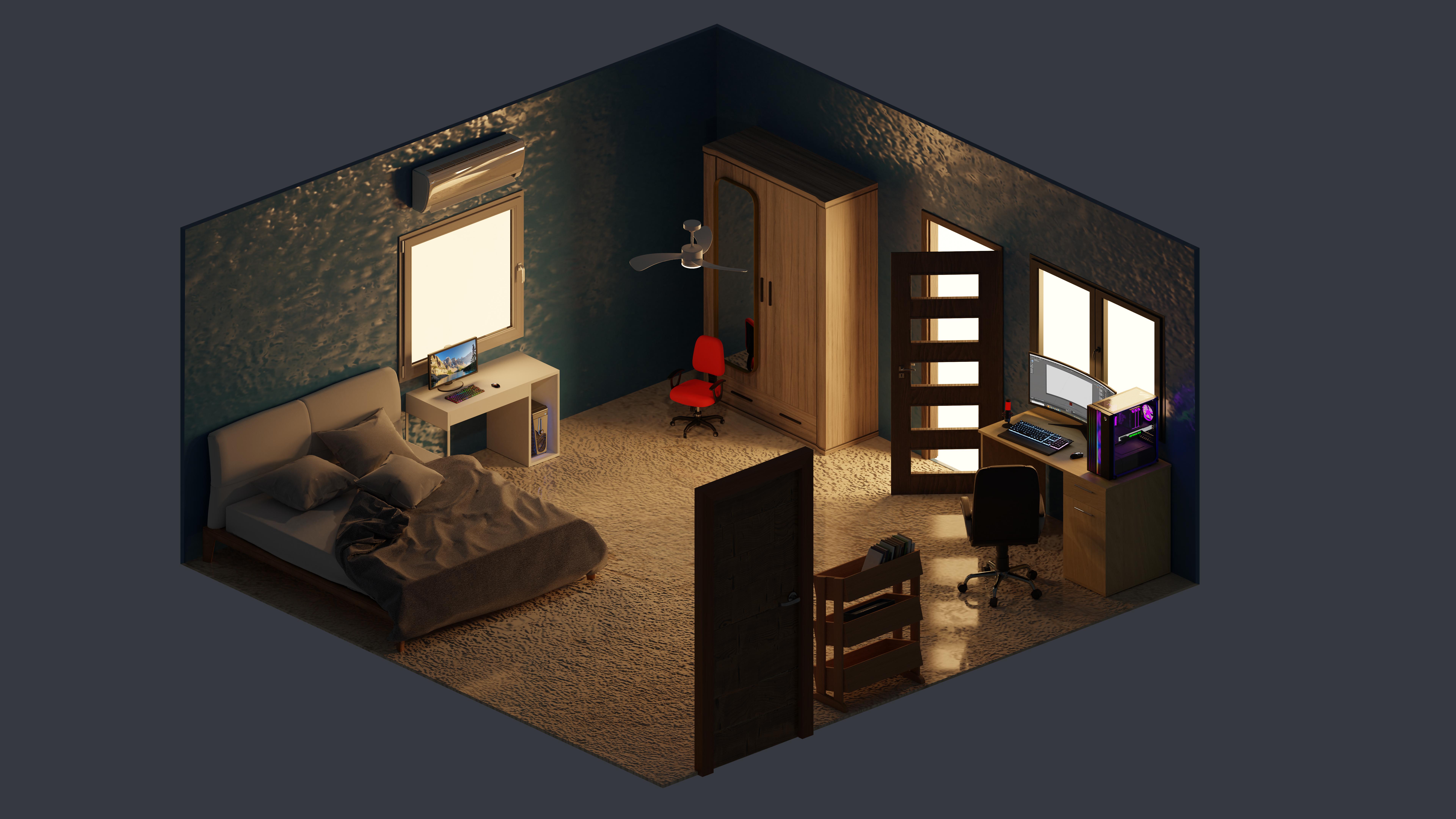 8K Ultra HD Artistic Isometric Bedroom HD Wallpaper