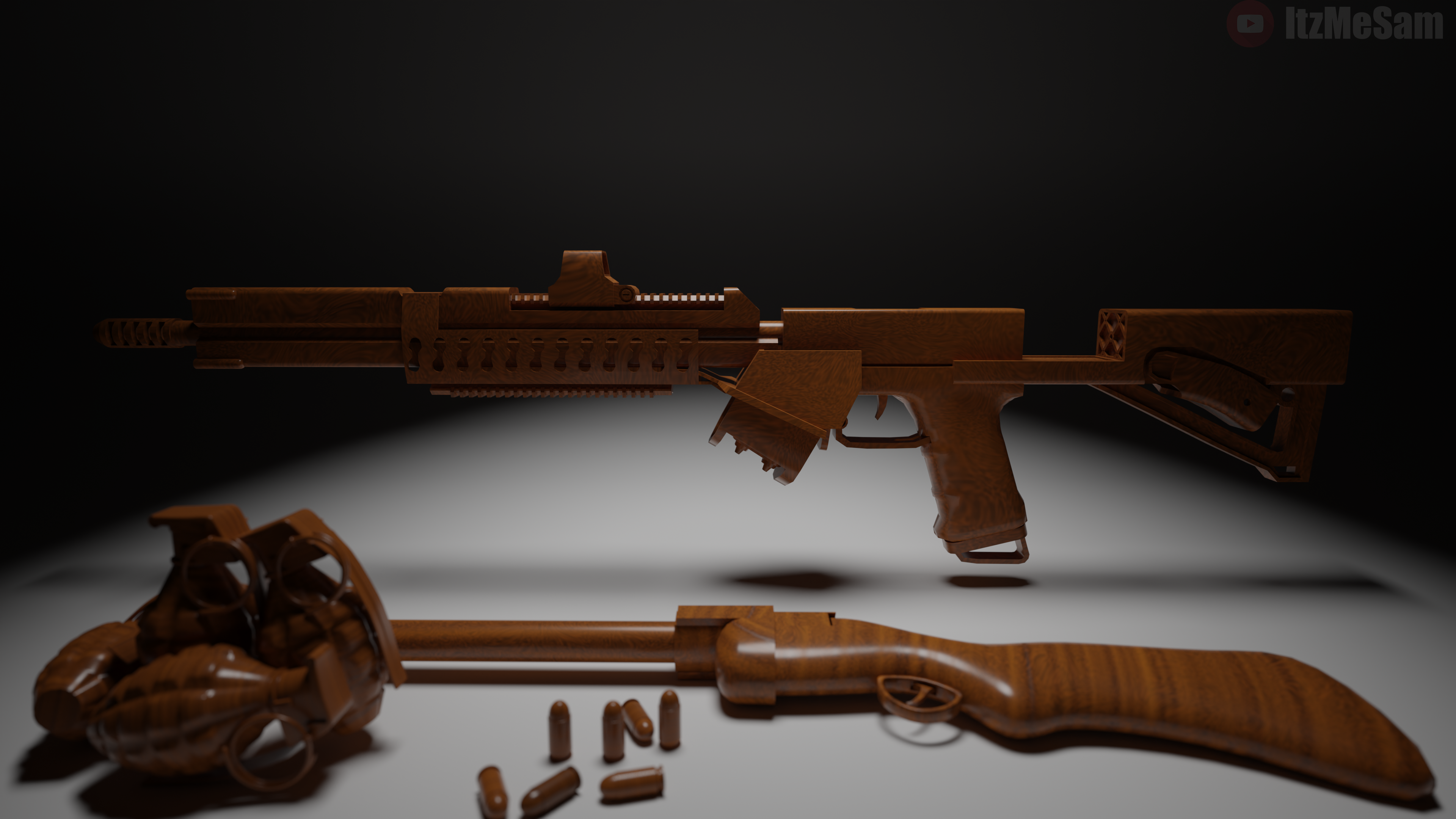 4K Artistic Wood Carving: Rifle, Shotgun, Grenades HD Wallpaper
