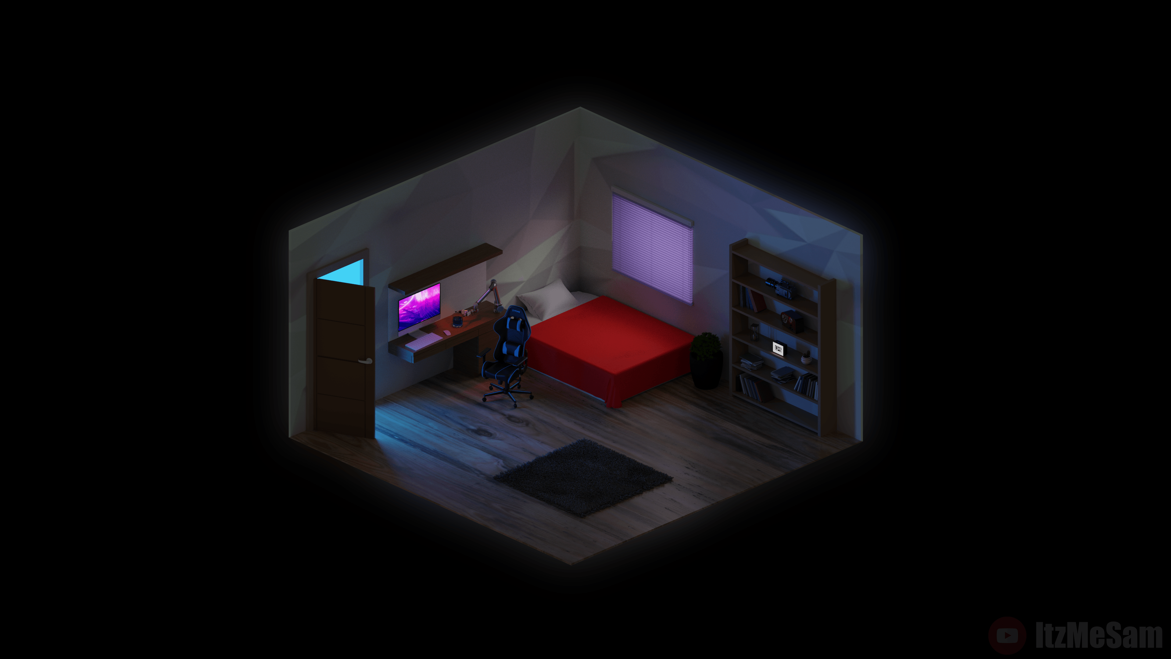 Isometric Artistic Bedroom with Gaming Setup HD Wallpaper
