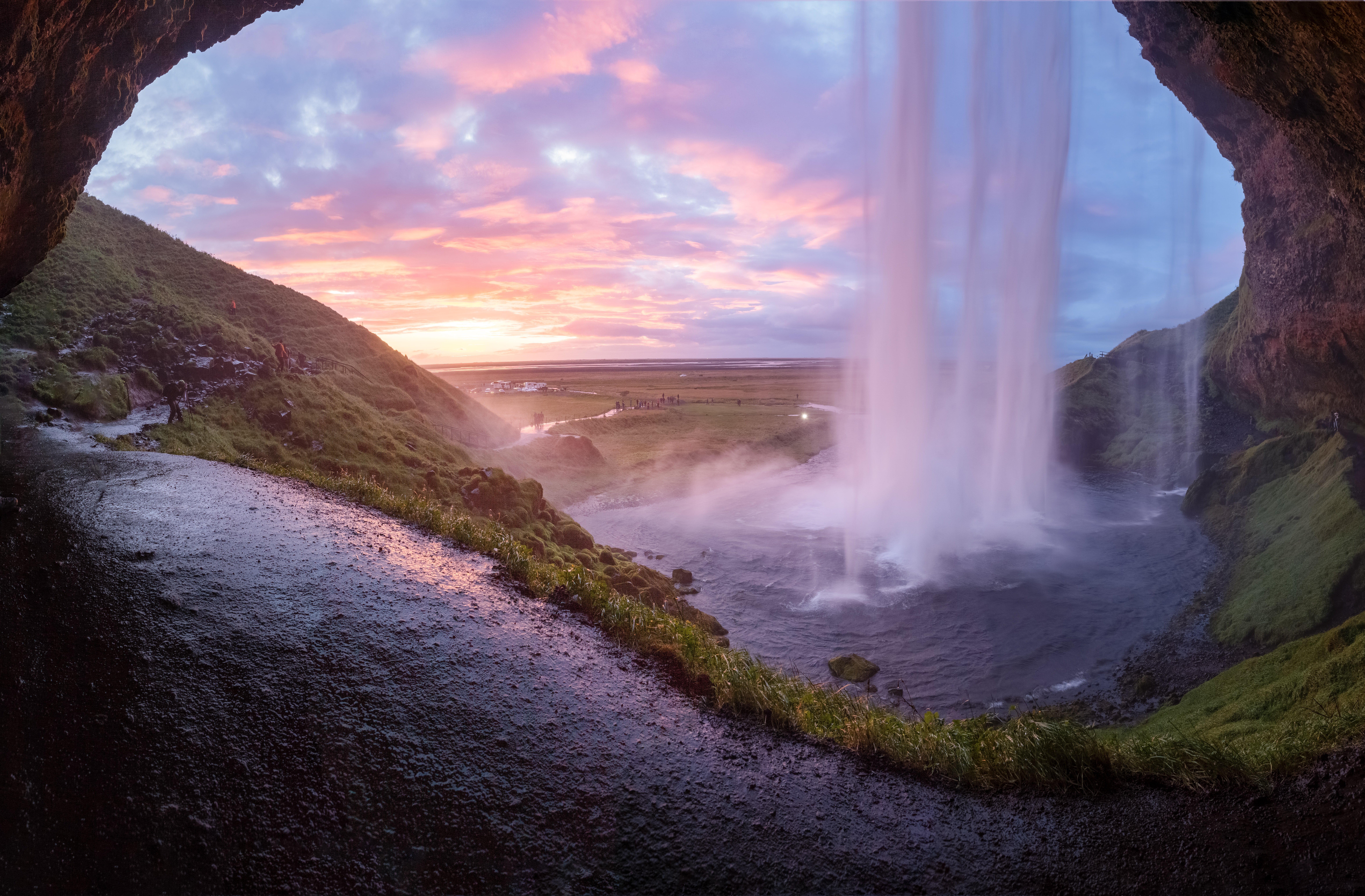 Seljalandsfoss Waterfall at Sunset from Behind HD Wallpaper