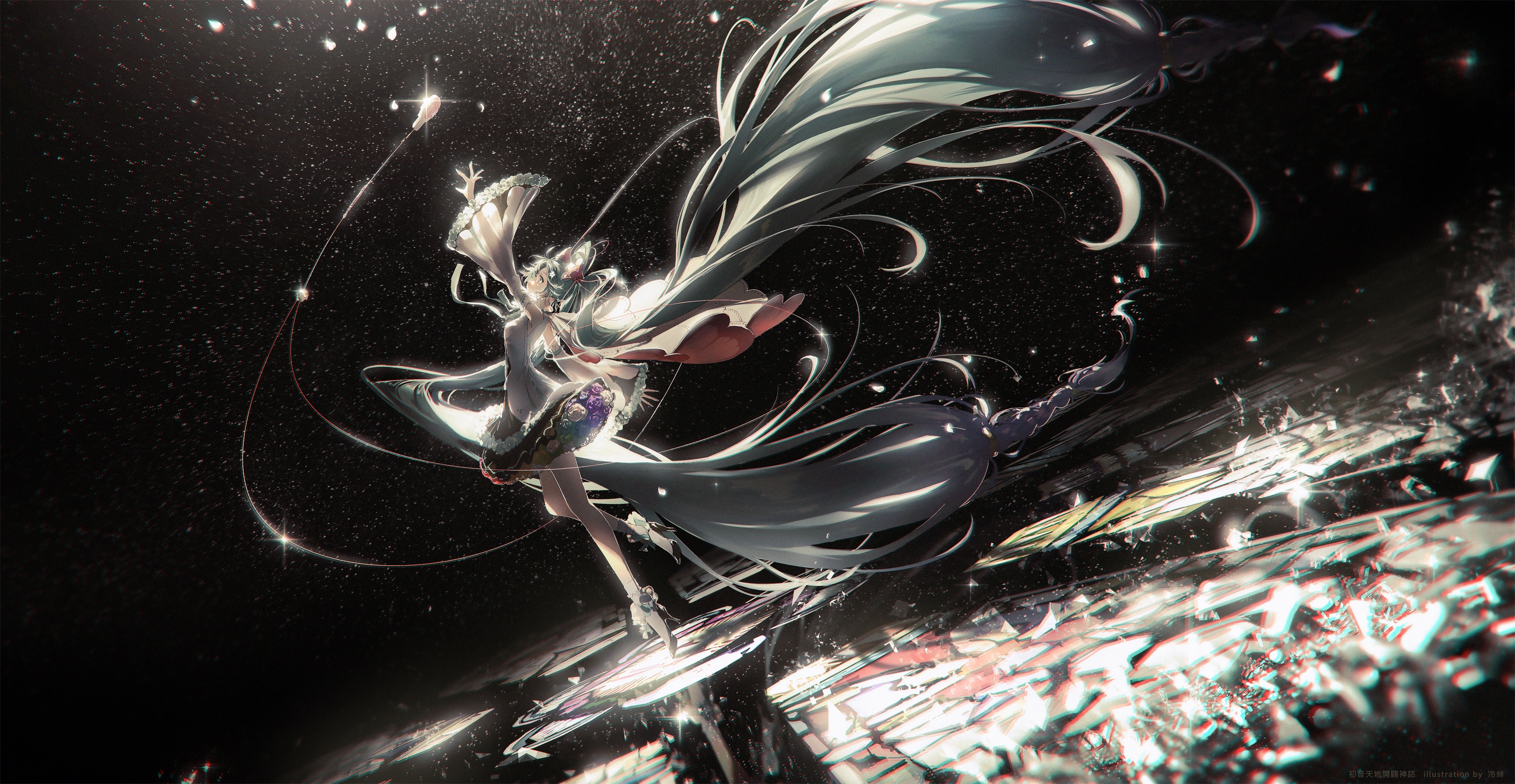 Hatsune Miku dancing among shattered stars HD Wallpaper