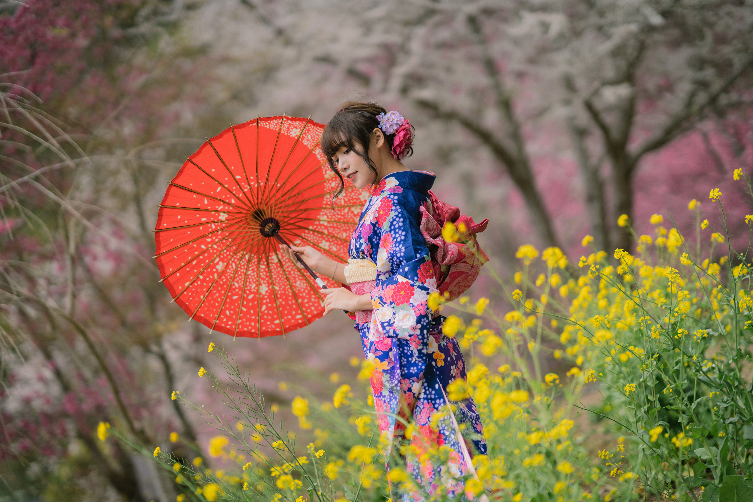 Asian model in kimono with red umbrella among flowers HD Wallpaper