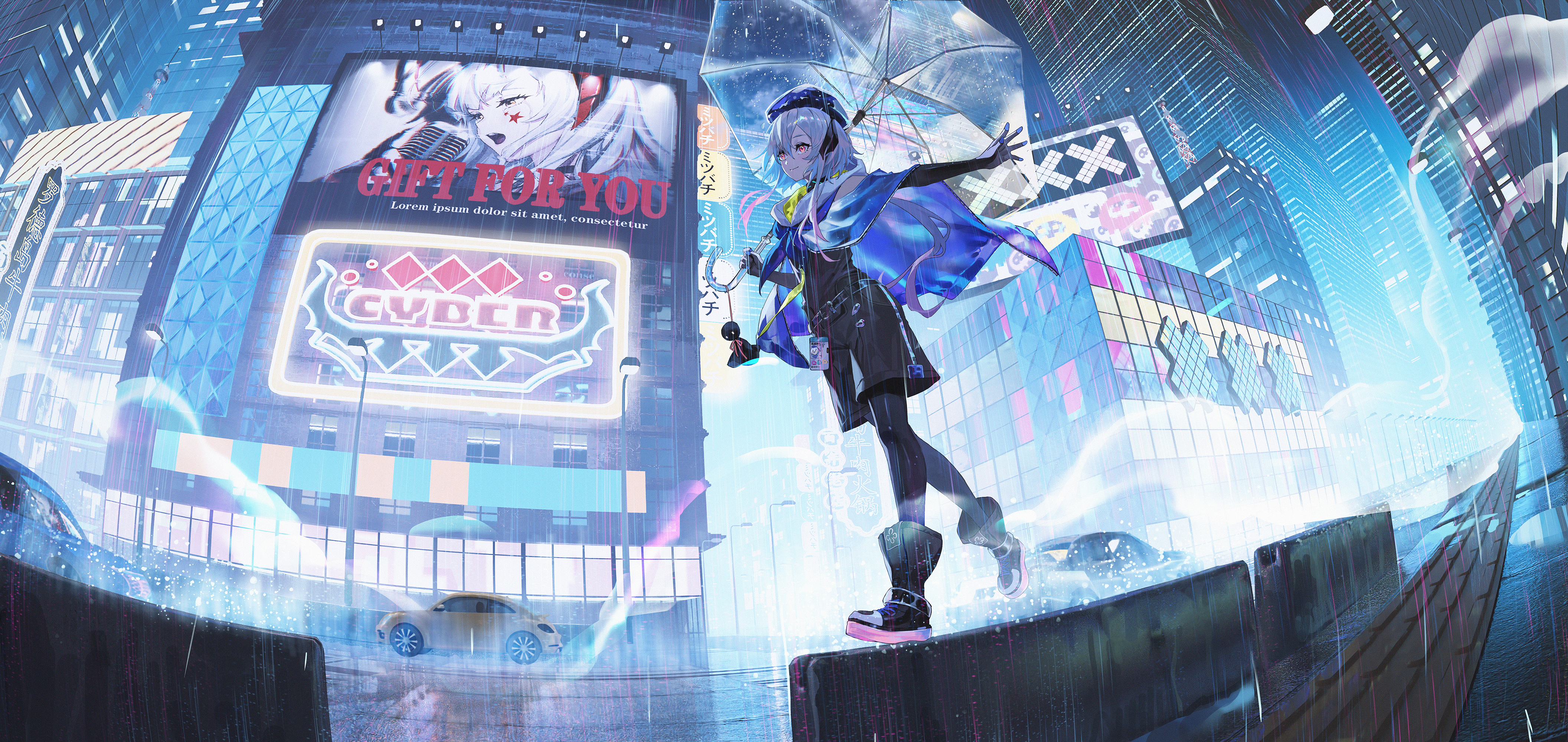 Mizuki (Arknights) with umbrella in a rainy cyber city HD Wallpaper