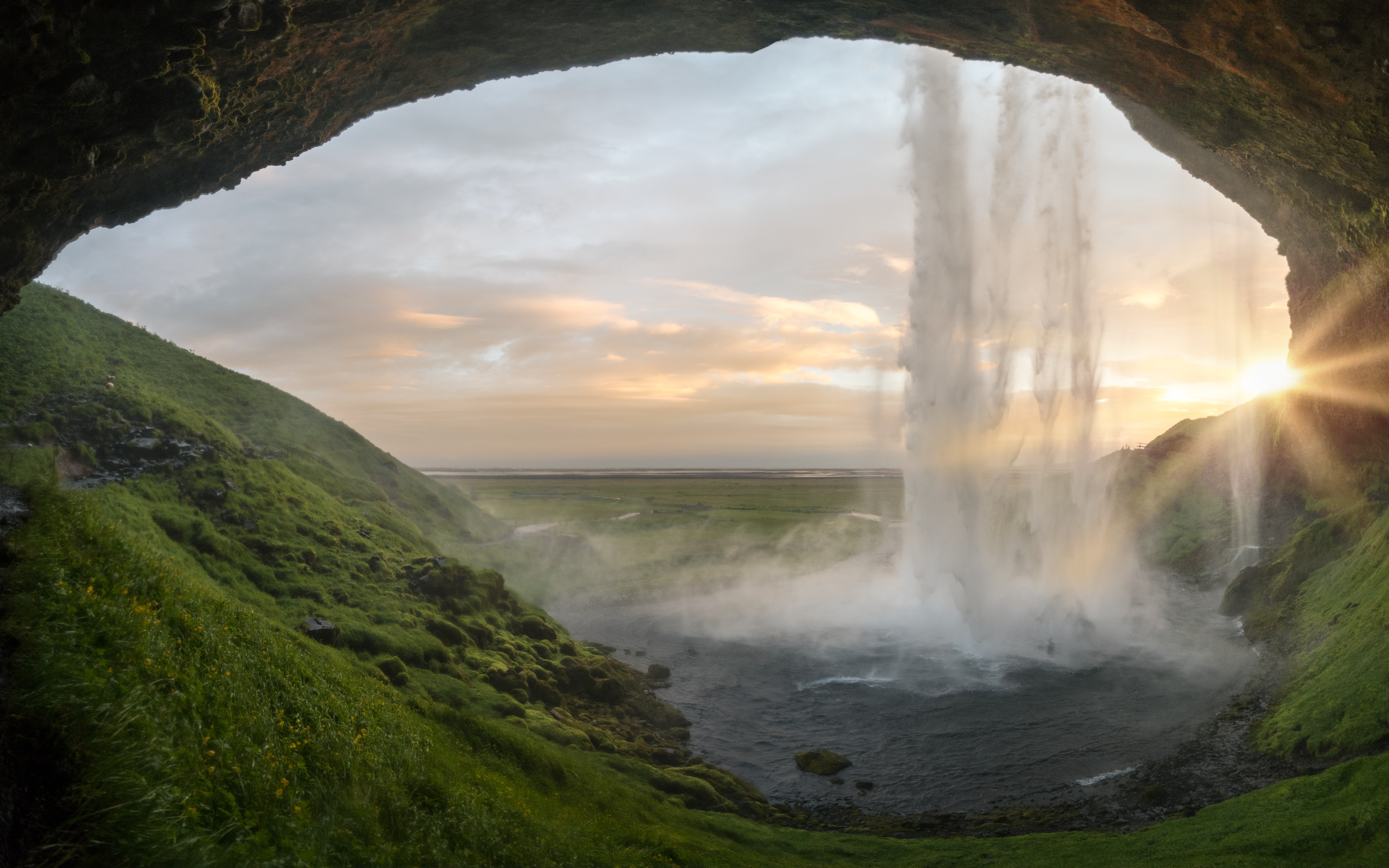 Seljalandsfoss Waterfall Sunset with Sunburst from Behind HD Wallpaper