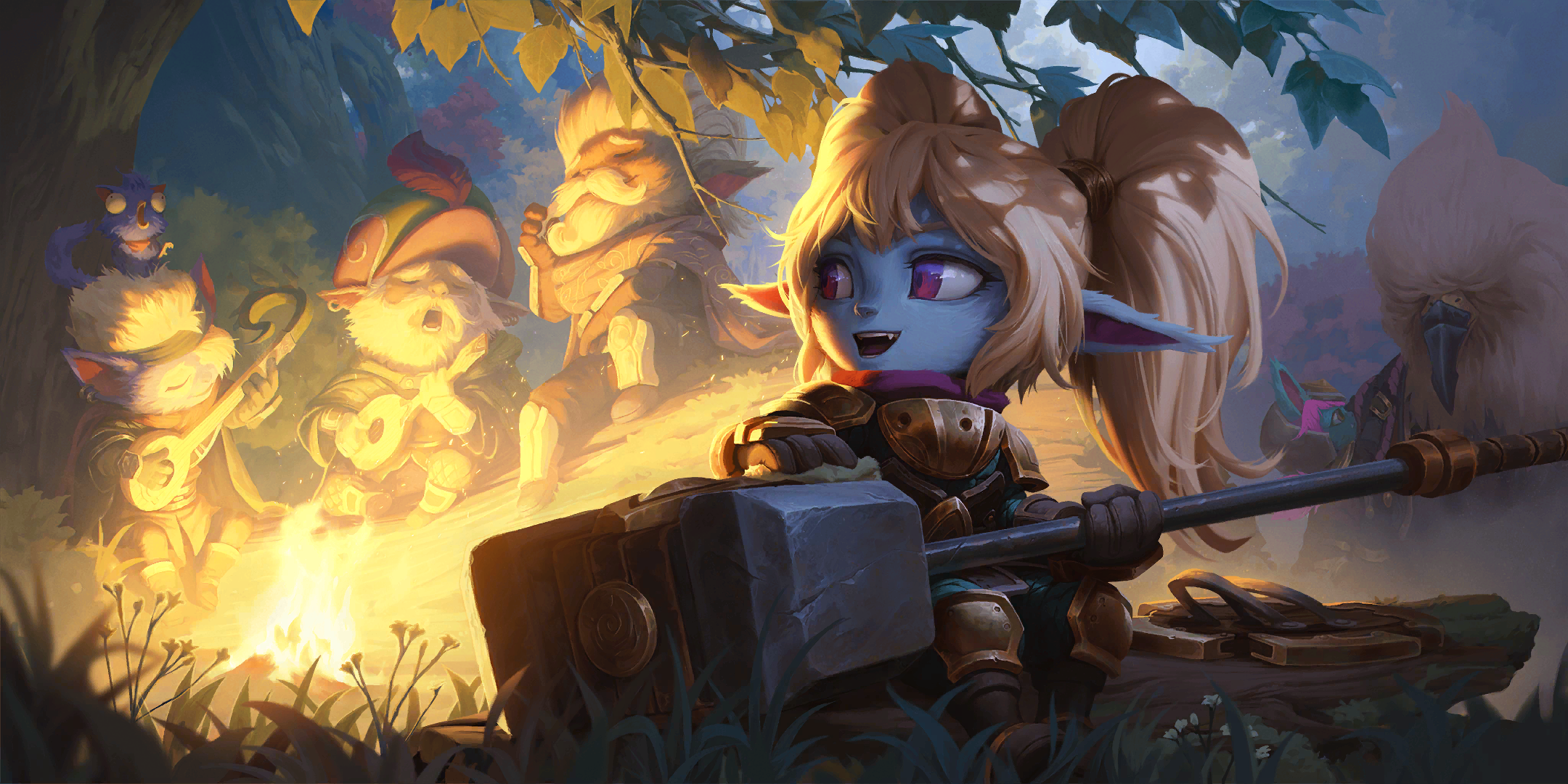 Poppy and Yordles Enjoying Campfire Music HD Wallpaper