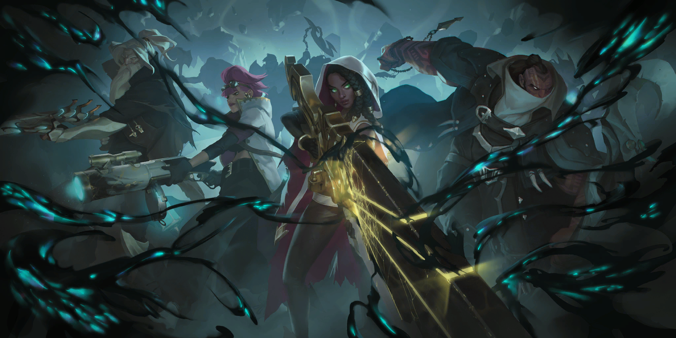 Senna (League of Legends) and champions battling Black Mist HD Wallpaper