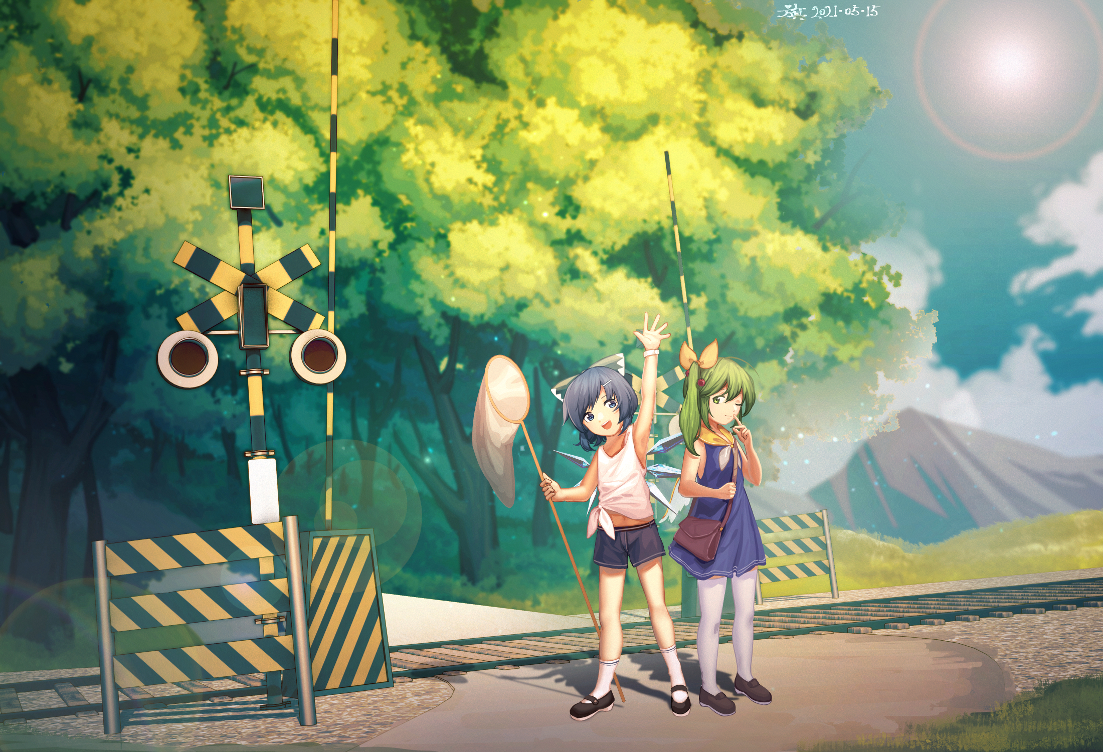 Cirno and Daiyousei at a sunny railroad crossing HD Wallpaper