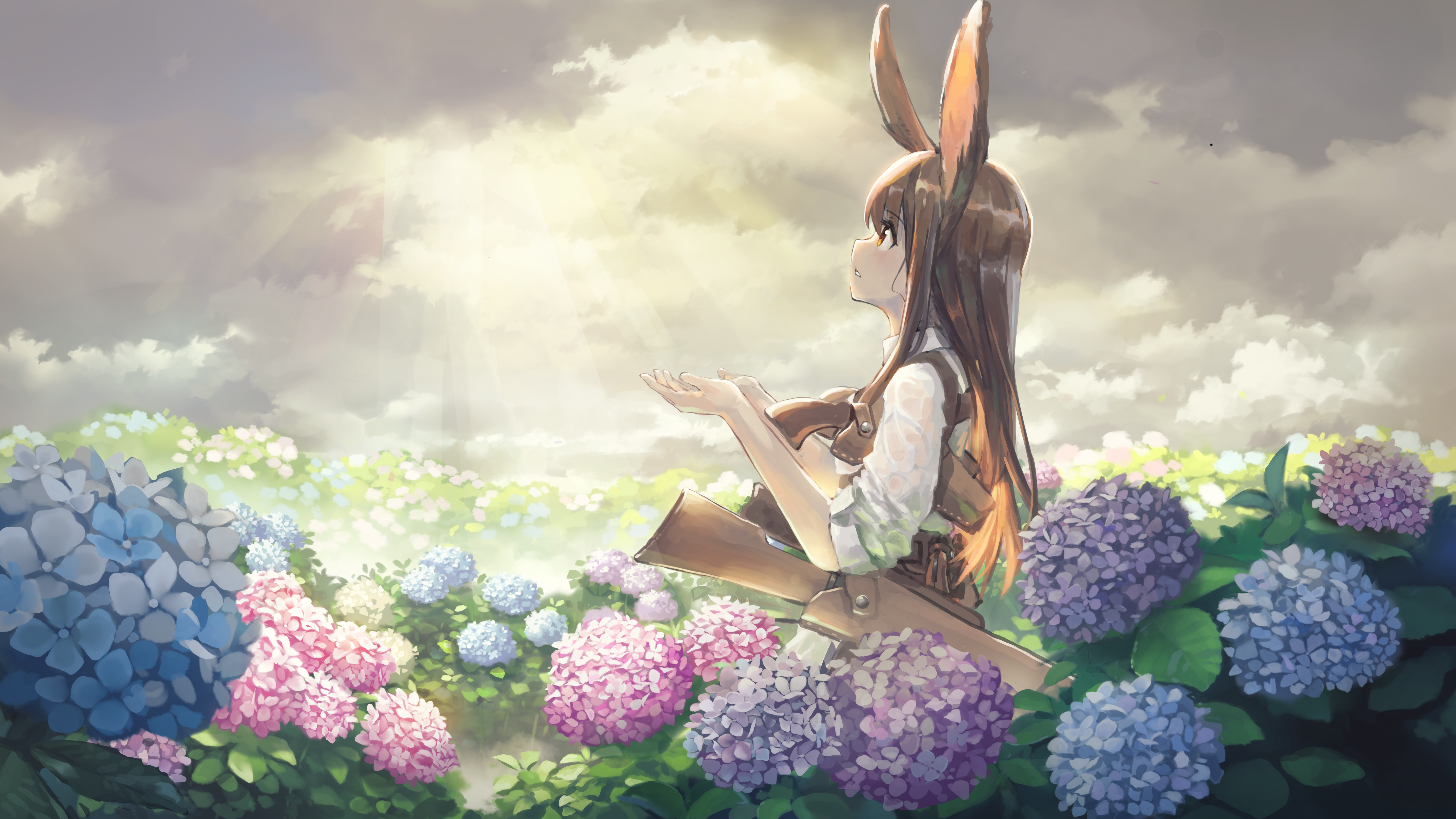 Girl 4K, Long Hair, Woman, Animal Ears, Flower HD Wallpaper
