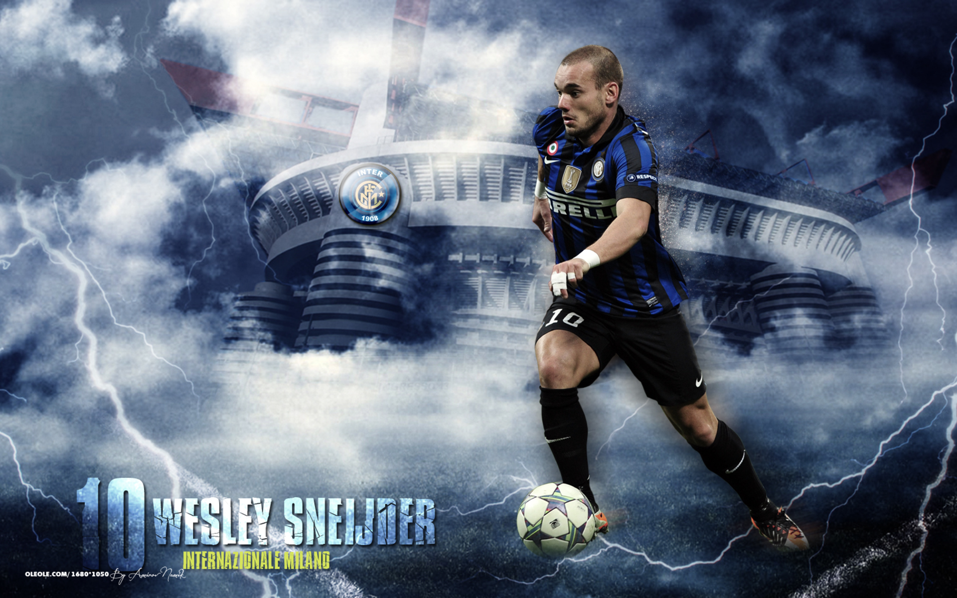 Wesley Sneijder Inter Milan Footballer in Lightning Storm HD Wallpaper