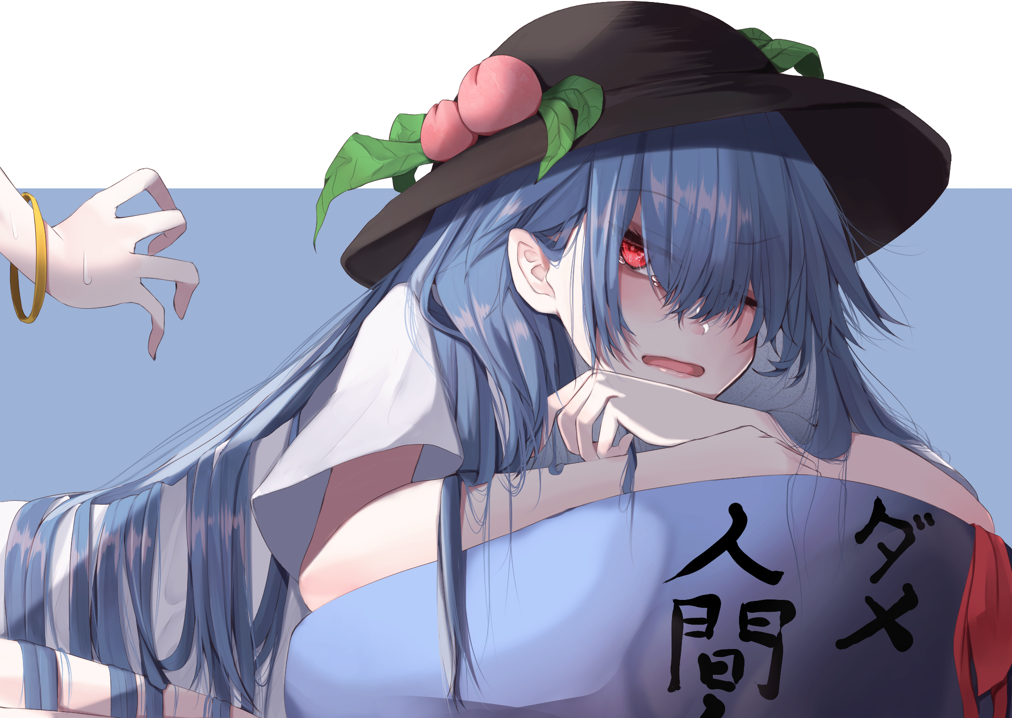 Tenshi Hinanawi crying with 'Useless Human' shirt HD Wallpaper