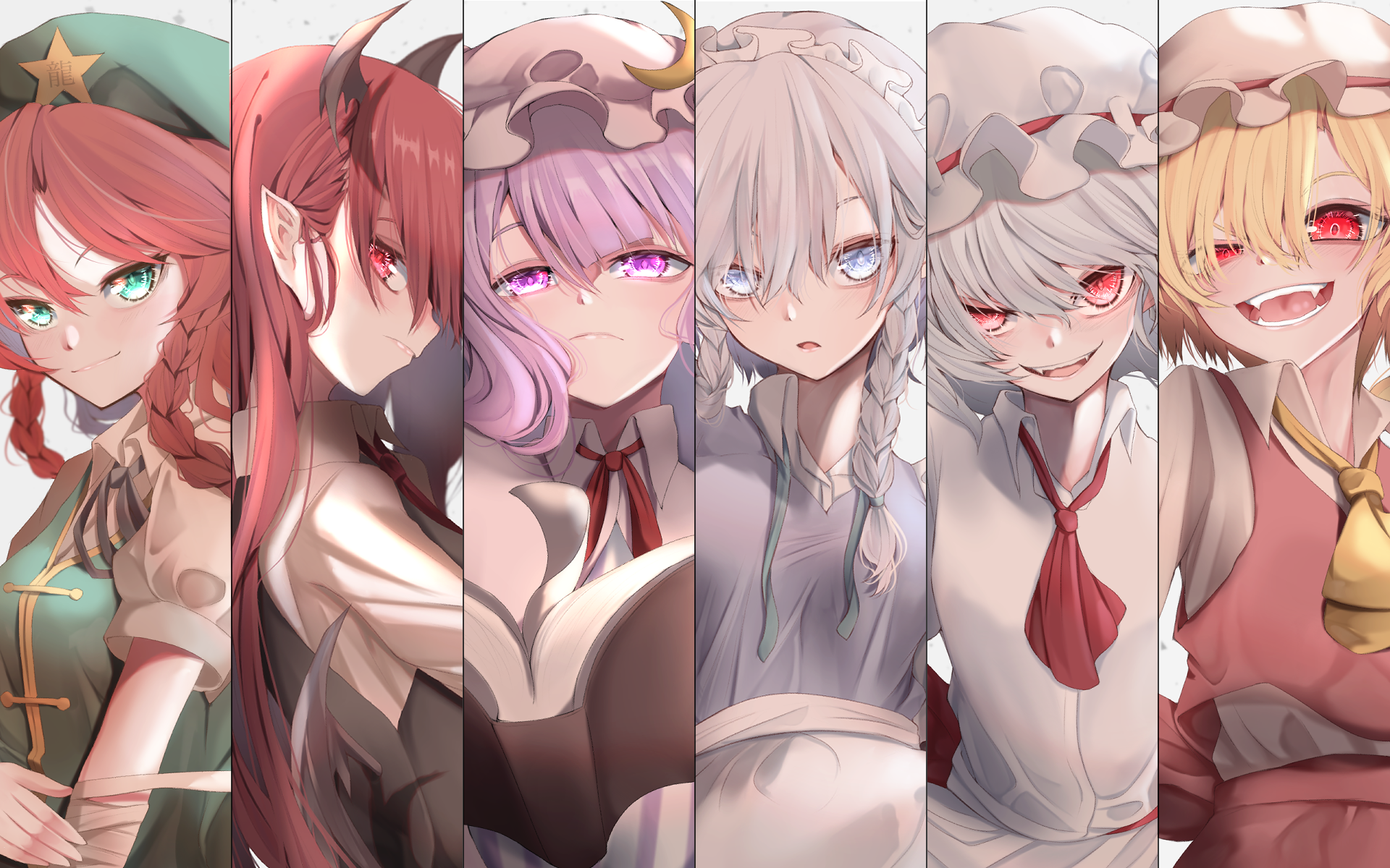 Touhou HD, Hong Meiling, Patchouli Knowledge, Koakuma (Touhou), Flandre Scarlet, Sakuya Izayoi, Remilia Scarlet HD Wallpaper