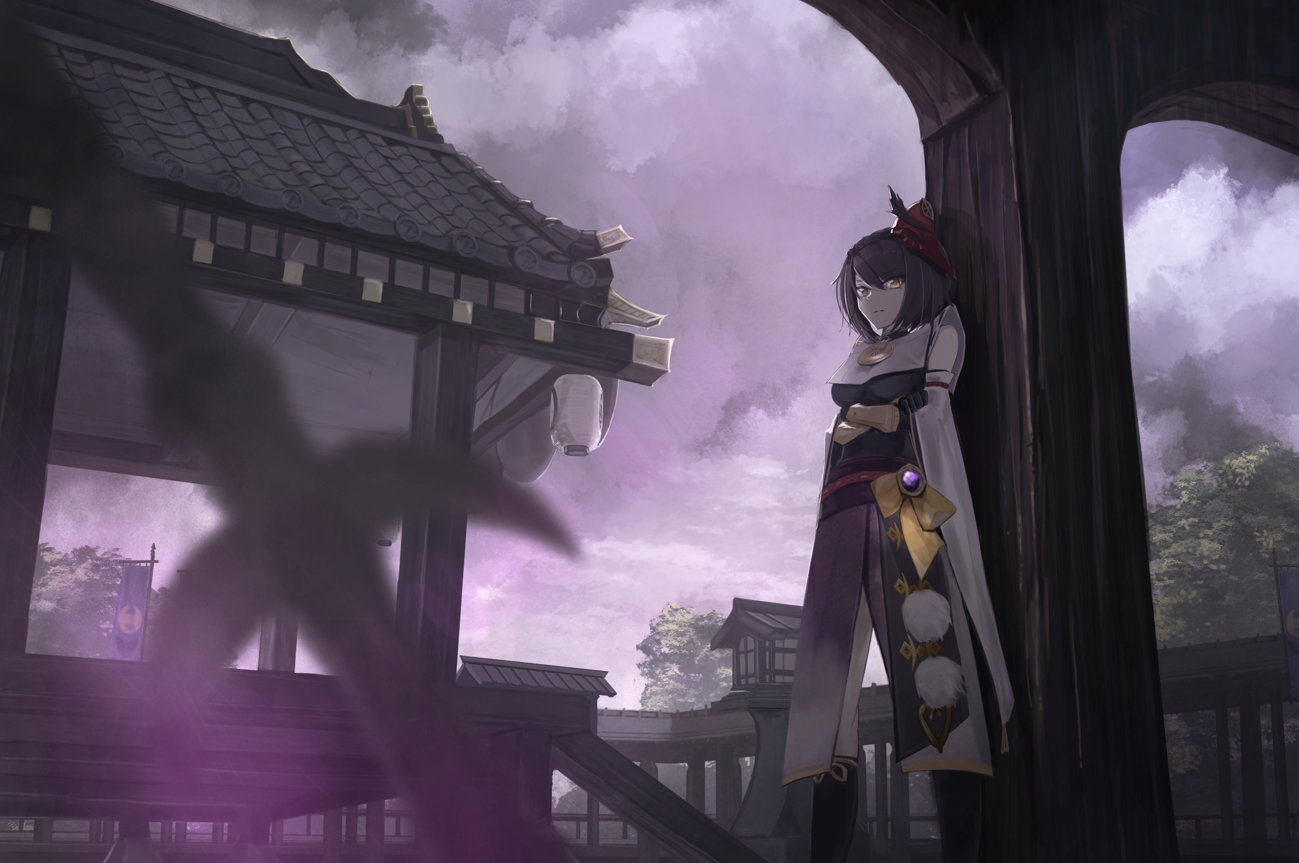 Kujou Sara in traditional Japanese setting with purple sky HD Wallpaper