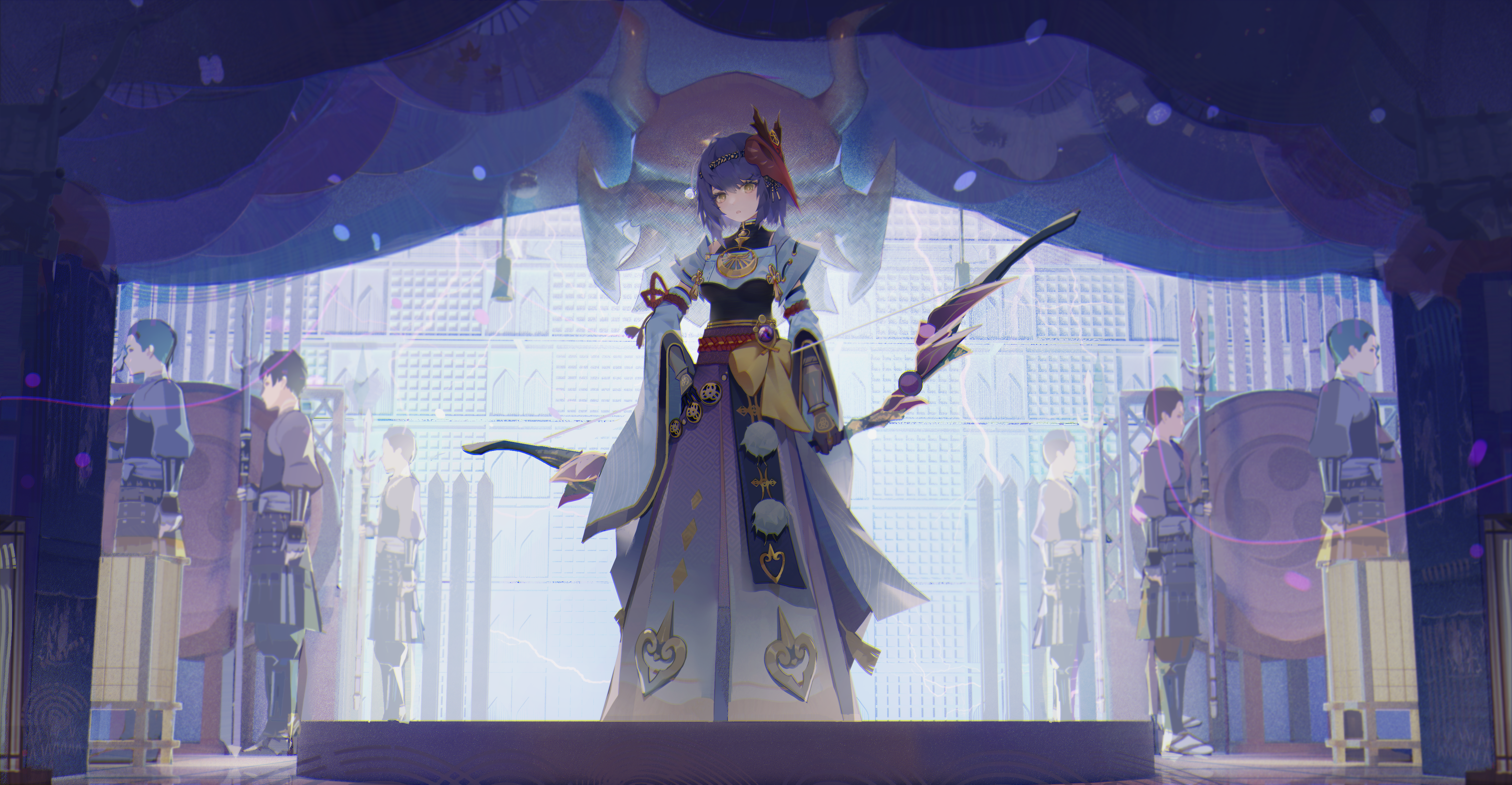 Kujou Sara in a majestic hall with spectral guards HD Wallpaper