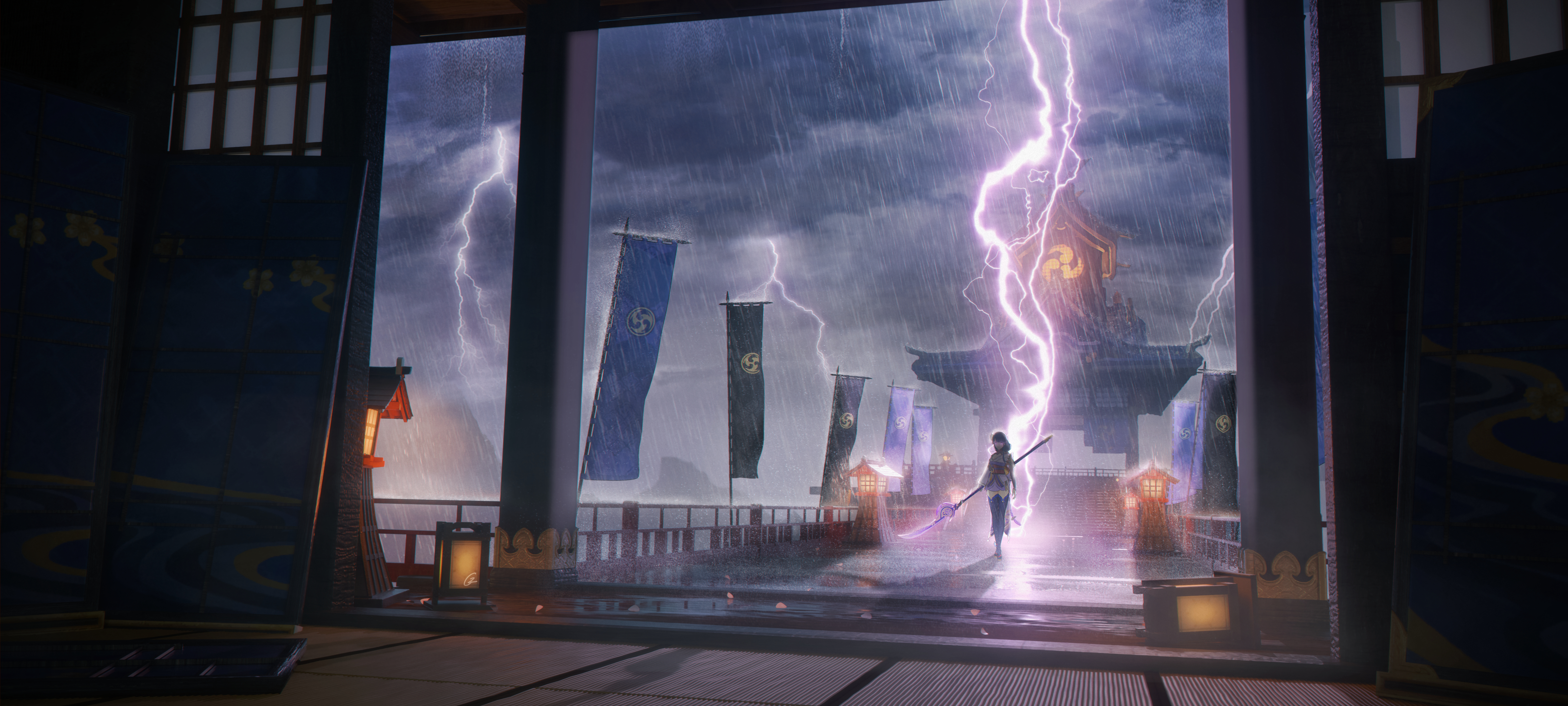 Raiden Shogun amidst a powerful lightning storm HD Wallpaper