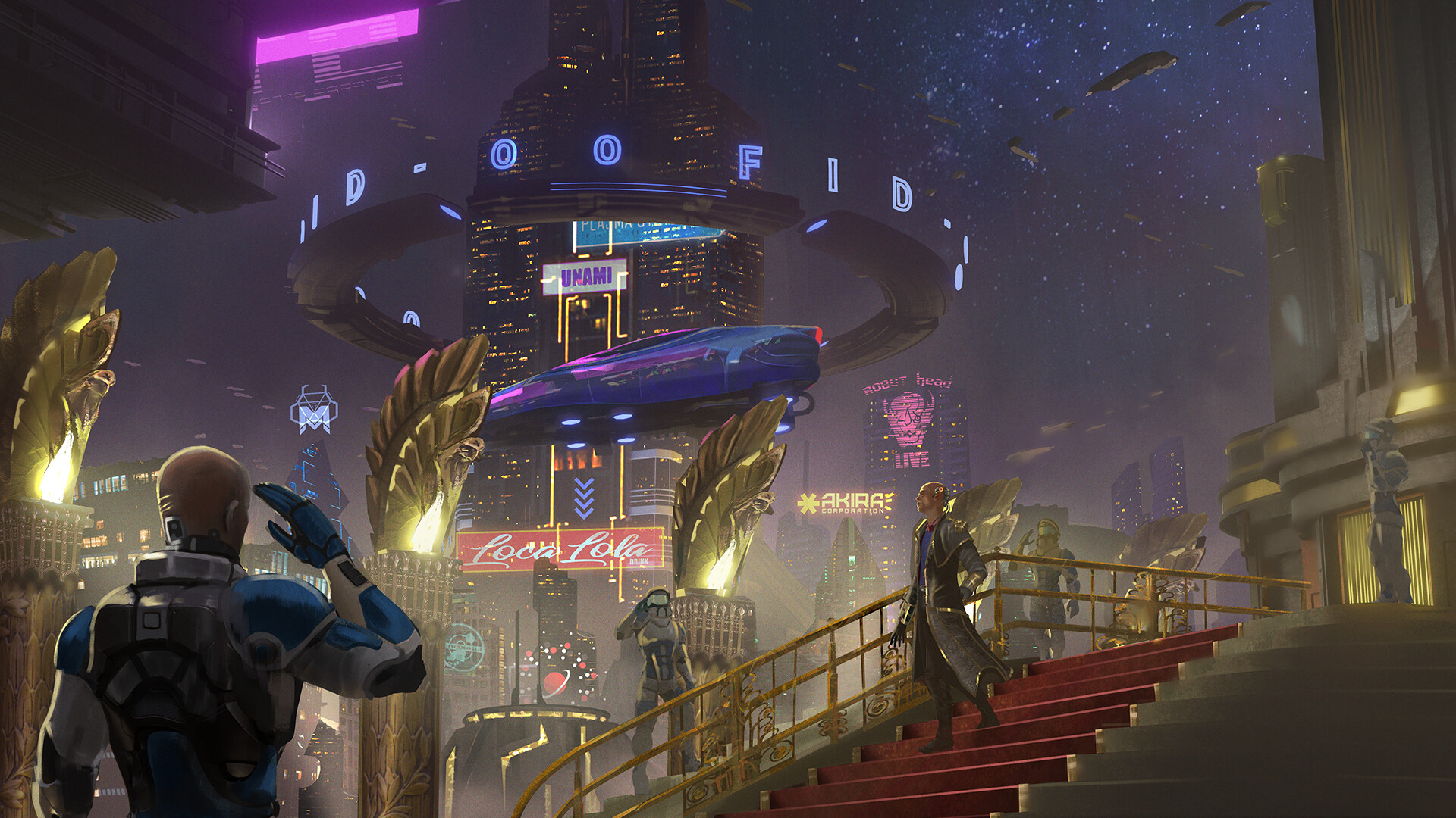 Neon-Lit Sci-Fi City Night with Flying Vehicles and Characters HD Wallpaper