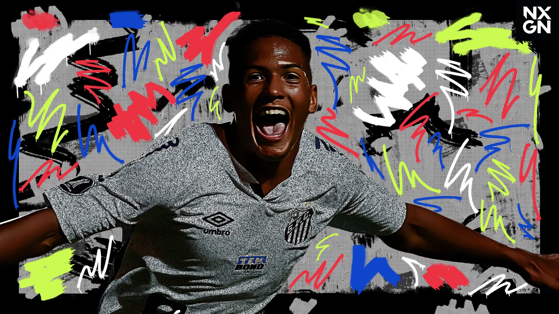 Ângelo Gabriel celebrates for Santos FC with vibrant background HD Wallpaper