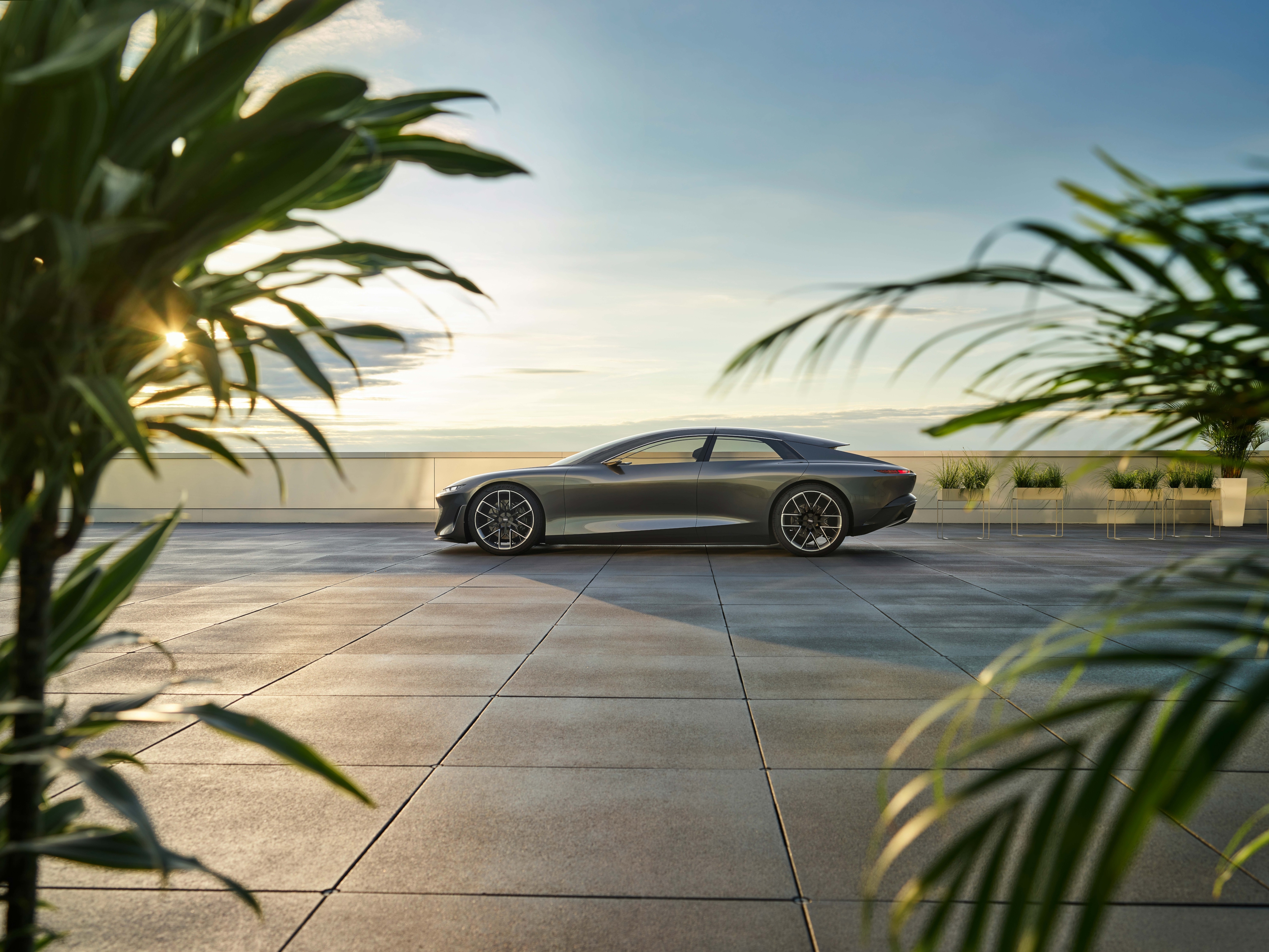 Audi Grandsphere Concept luxury electric car at sunset HD Wallpaper