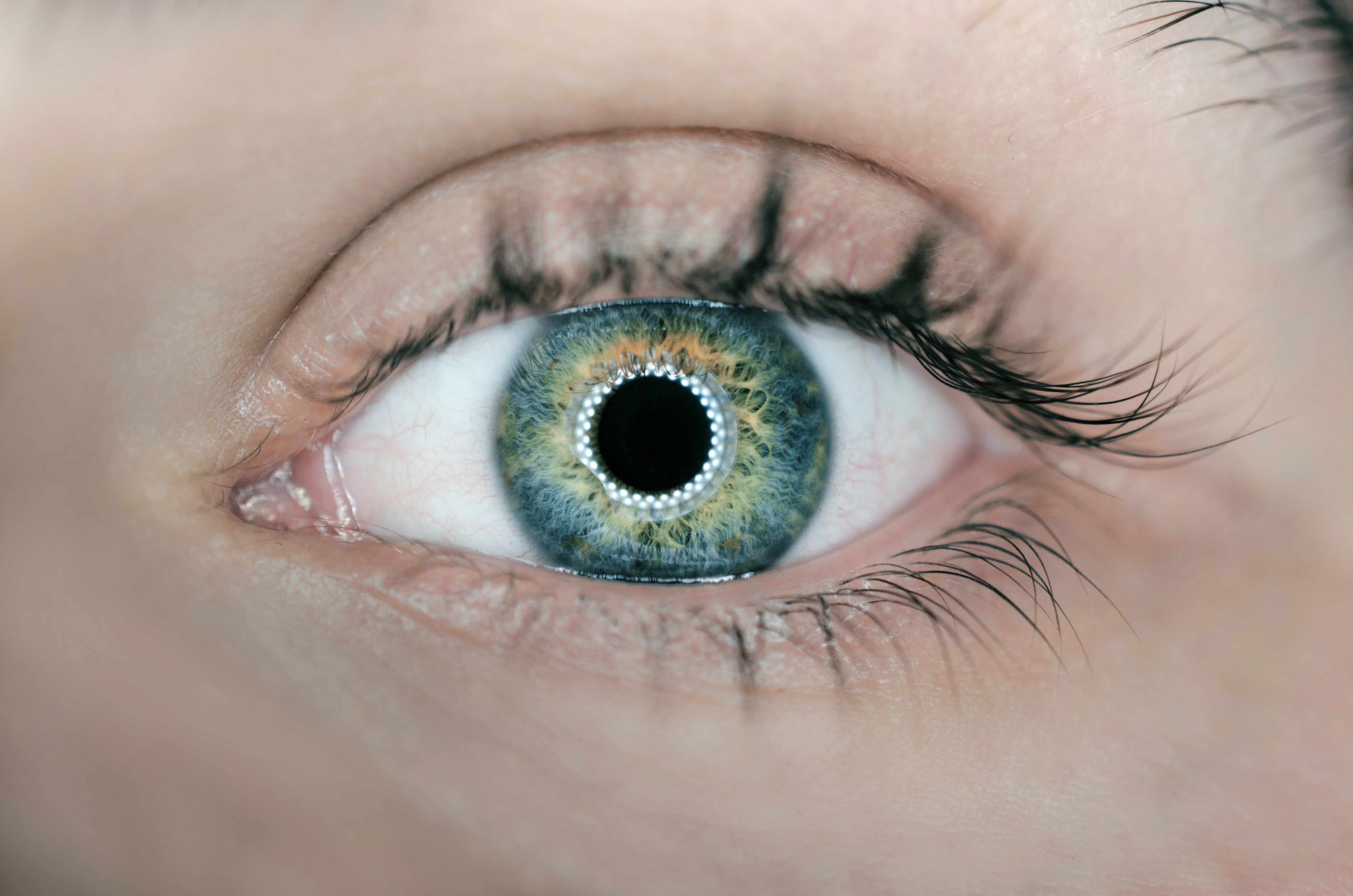 Detailed human eye with blue-green iris and pupil ring 4K HD Wallpaper