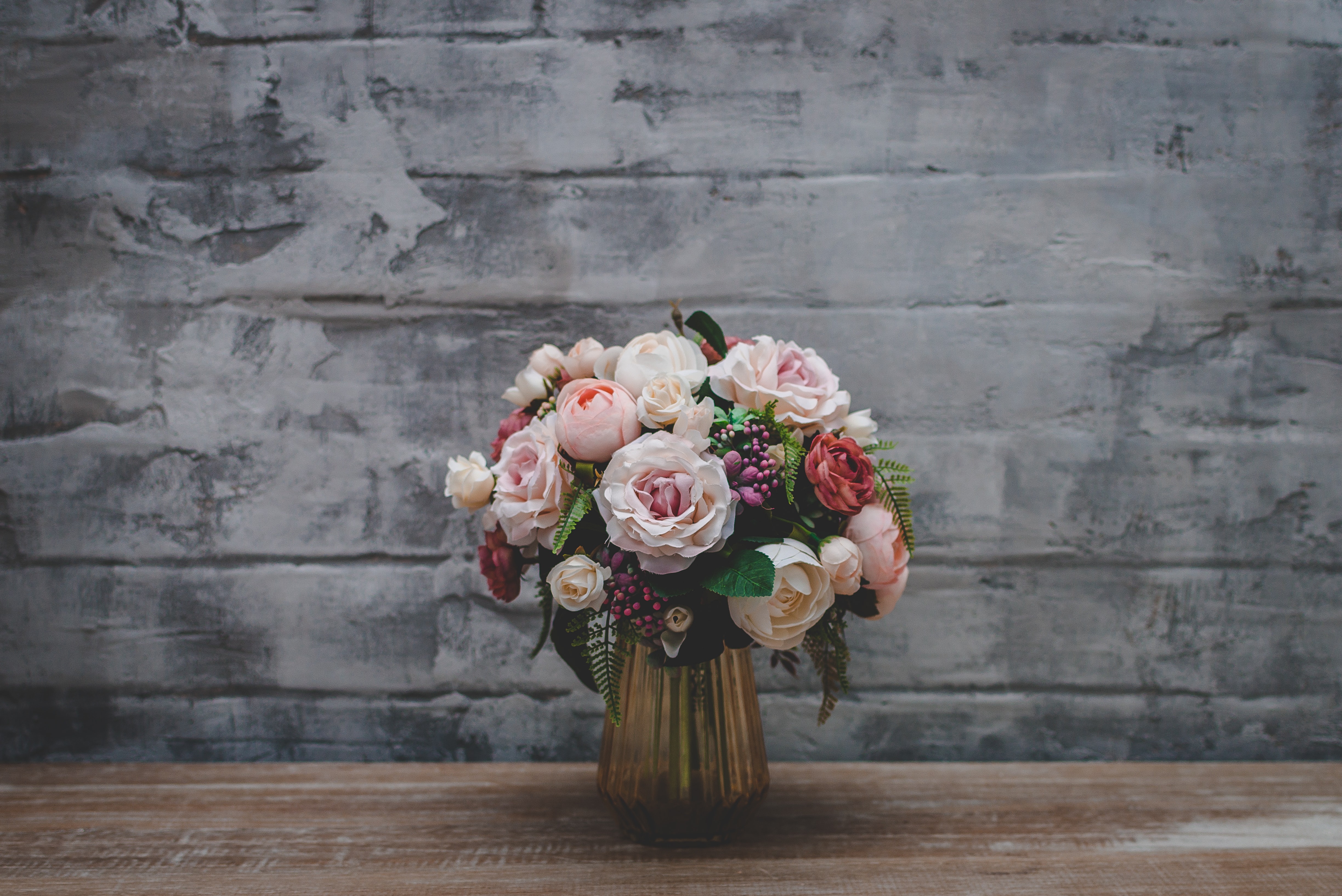 Pink and white flowers in golden vase 4K HD Wallpaper