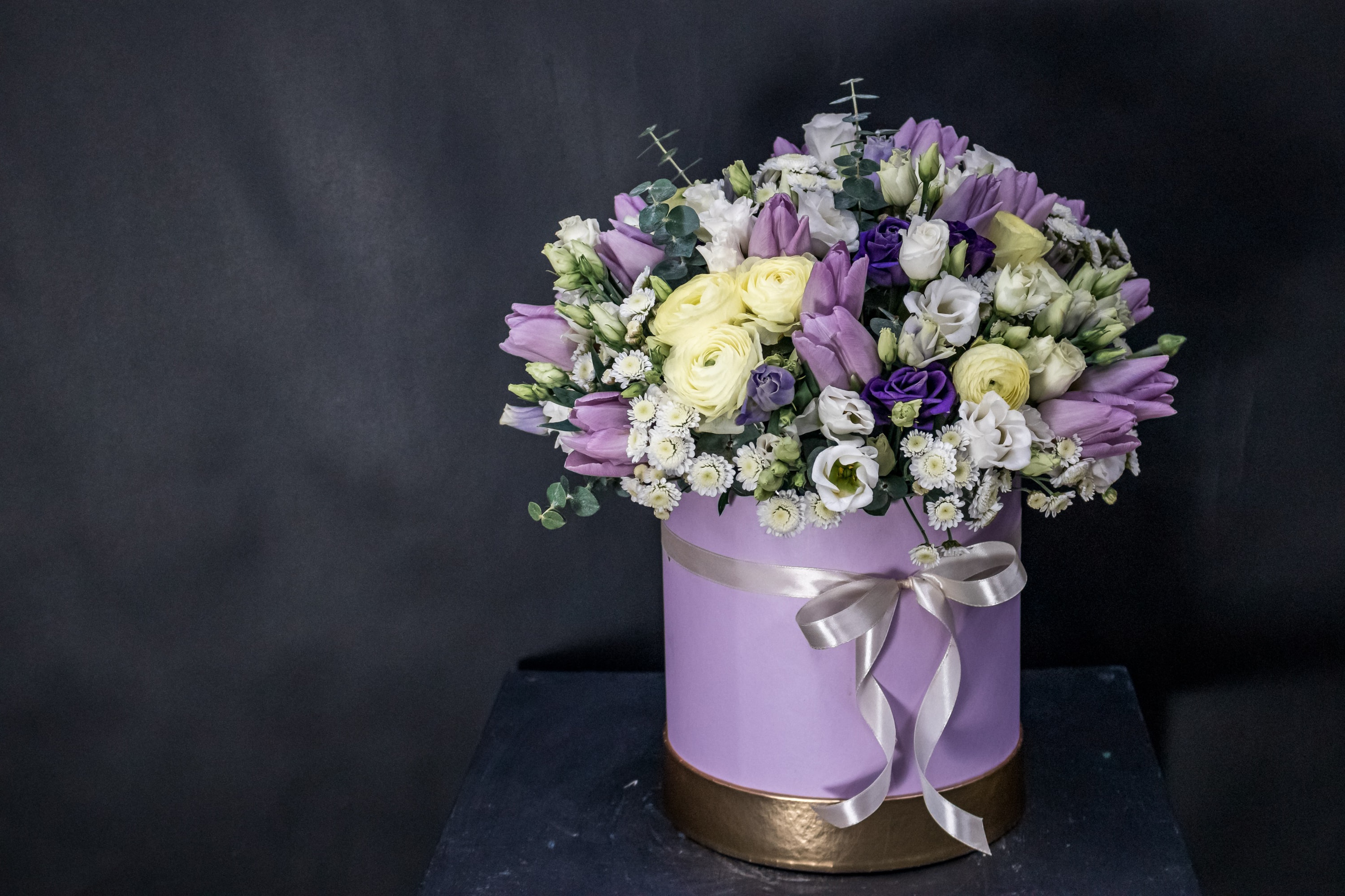 Lavender flower box with mixed spring flowers HD Wallpaper