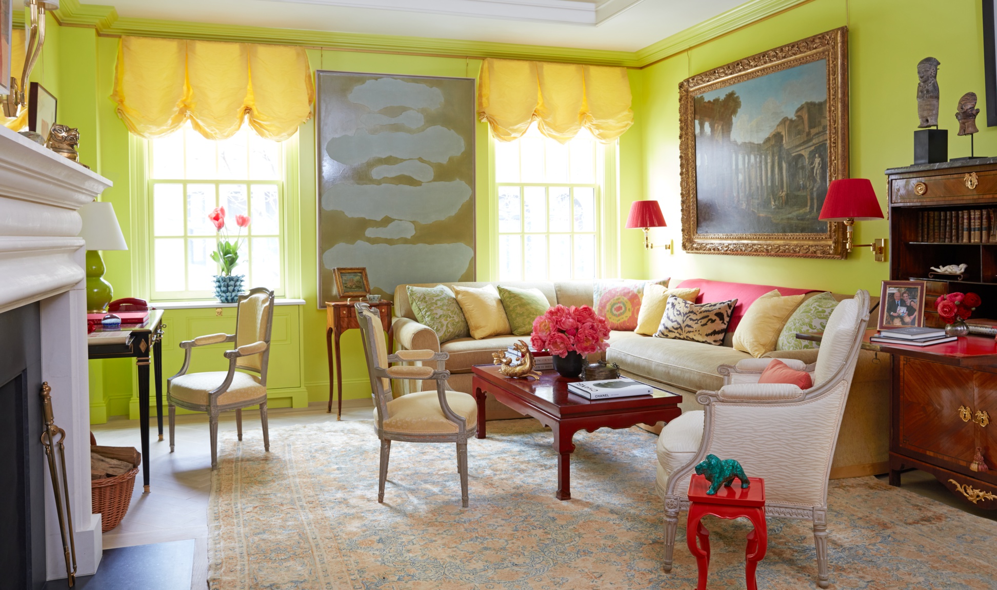 Vibrant Lime Green Living Room with Eclectic Decor HD Wallpaper