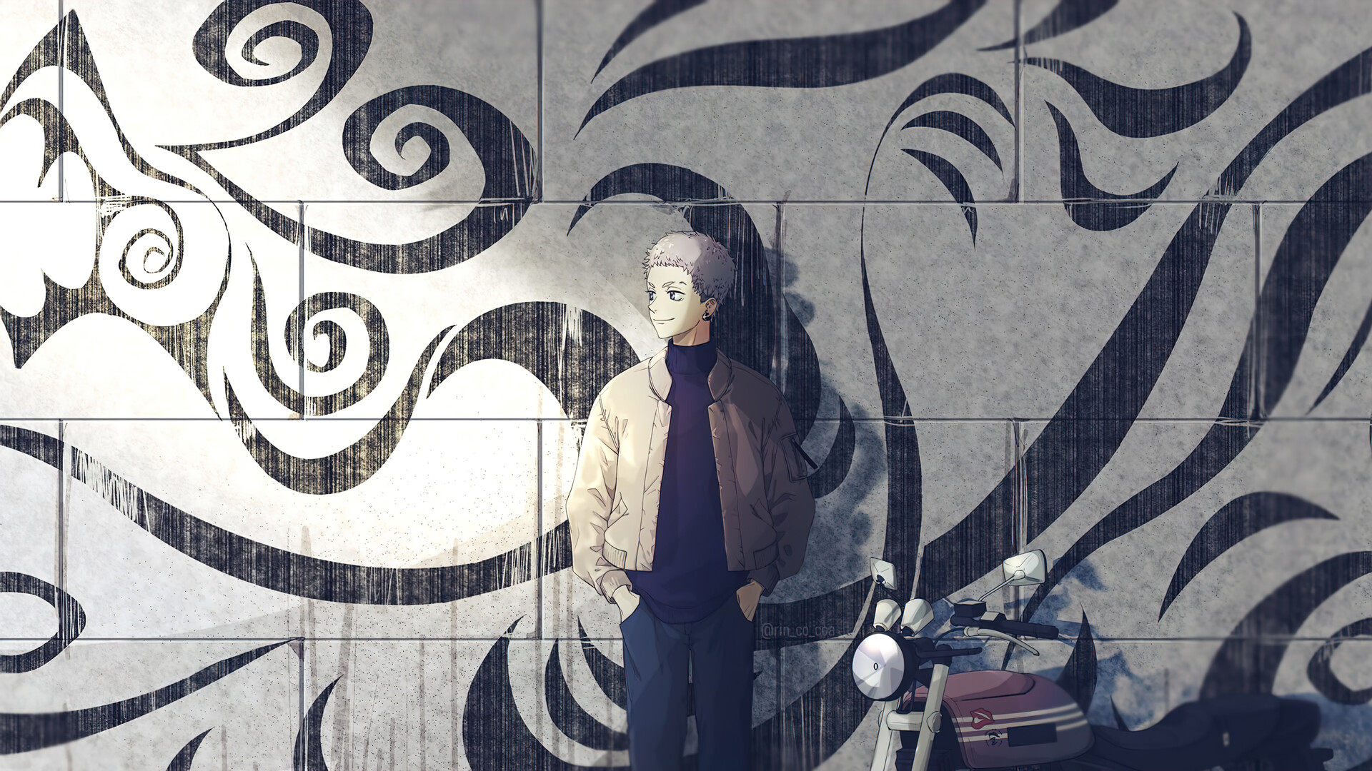 Takashi Mitsuya by patterned wall with motorcycle HD Wallpaper